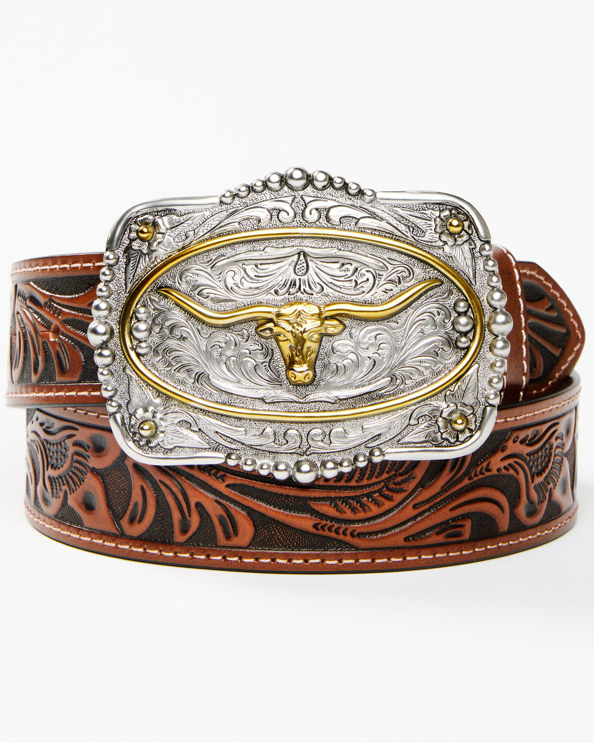 Image #1 - Cody James Men's Tooled Longhorn Buckle Belt, Tan, hi-res