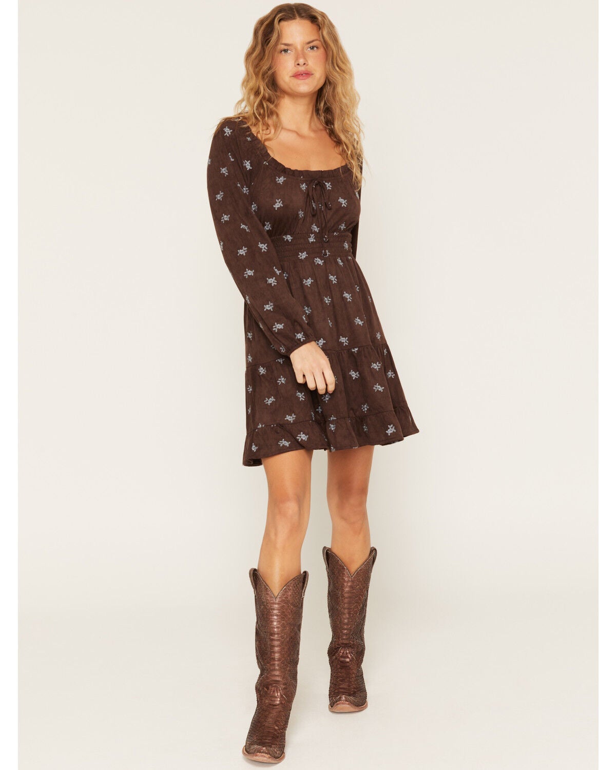 Image #1 - June & Hudson Women's Floral Embroidered Faux Suede Long Sleeve Mini Dress, Chocolate, hi-res