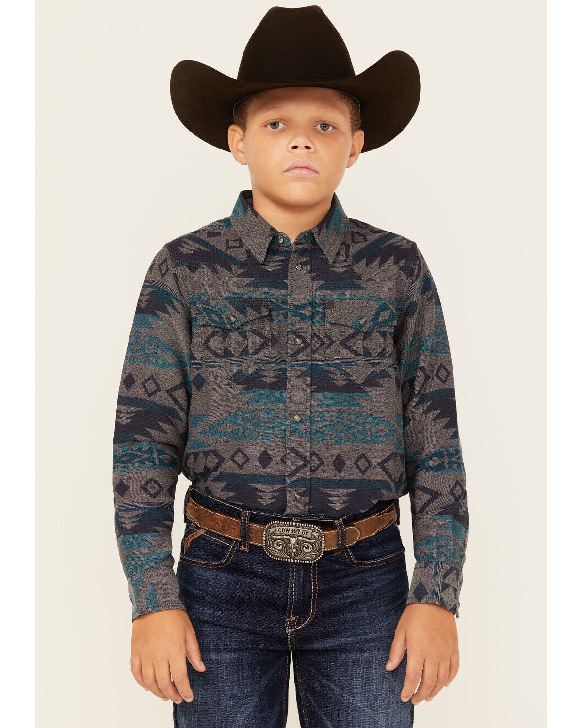Cody James Boys' Julian Southwestern Print Long Sleeve Snap Western Shirt, Grey, hi-res