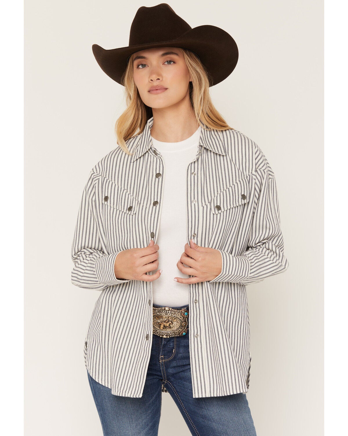 Image #1 - Ariat Women's Charleston Striped Long Sleeve Snap Western Shirt, White, hi-res
