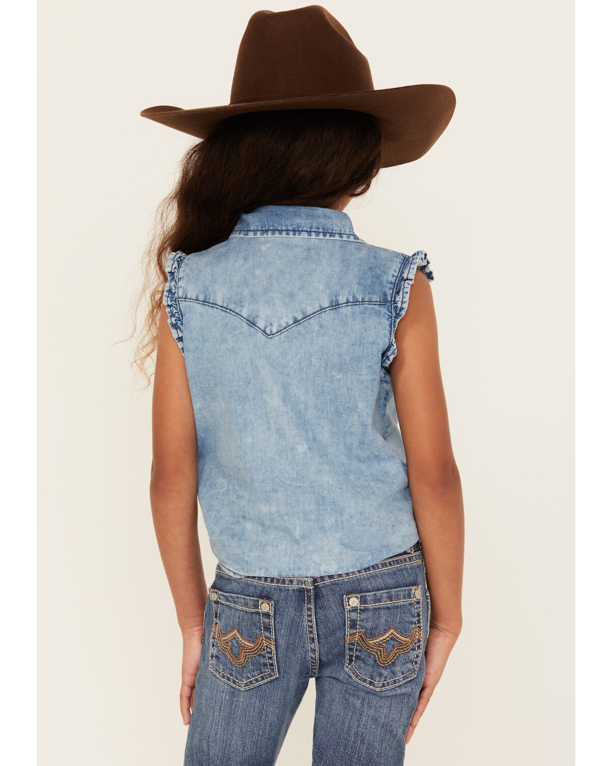 Image #4 - Wrangler Girls' Tie Front Sleeveless Pearl Snap Denim Shirt, Blue, hi-res