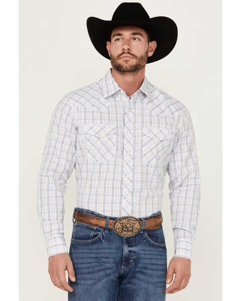 Wrangler 20X Men's Plaid Print Long Sleeve Pearl Snap Stretch Western Shirt -Tall , White, hi-res