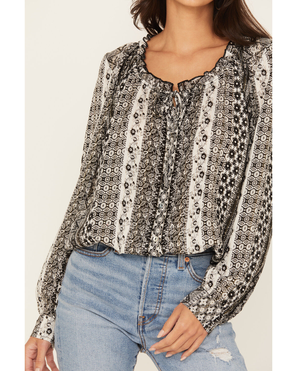 Image #3 - Wild Moss Women's Lurex Striped Long Sleeve Peasant Top, Black, hi-res