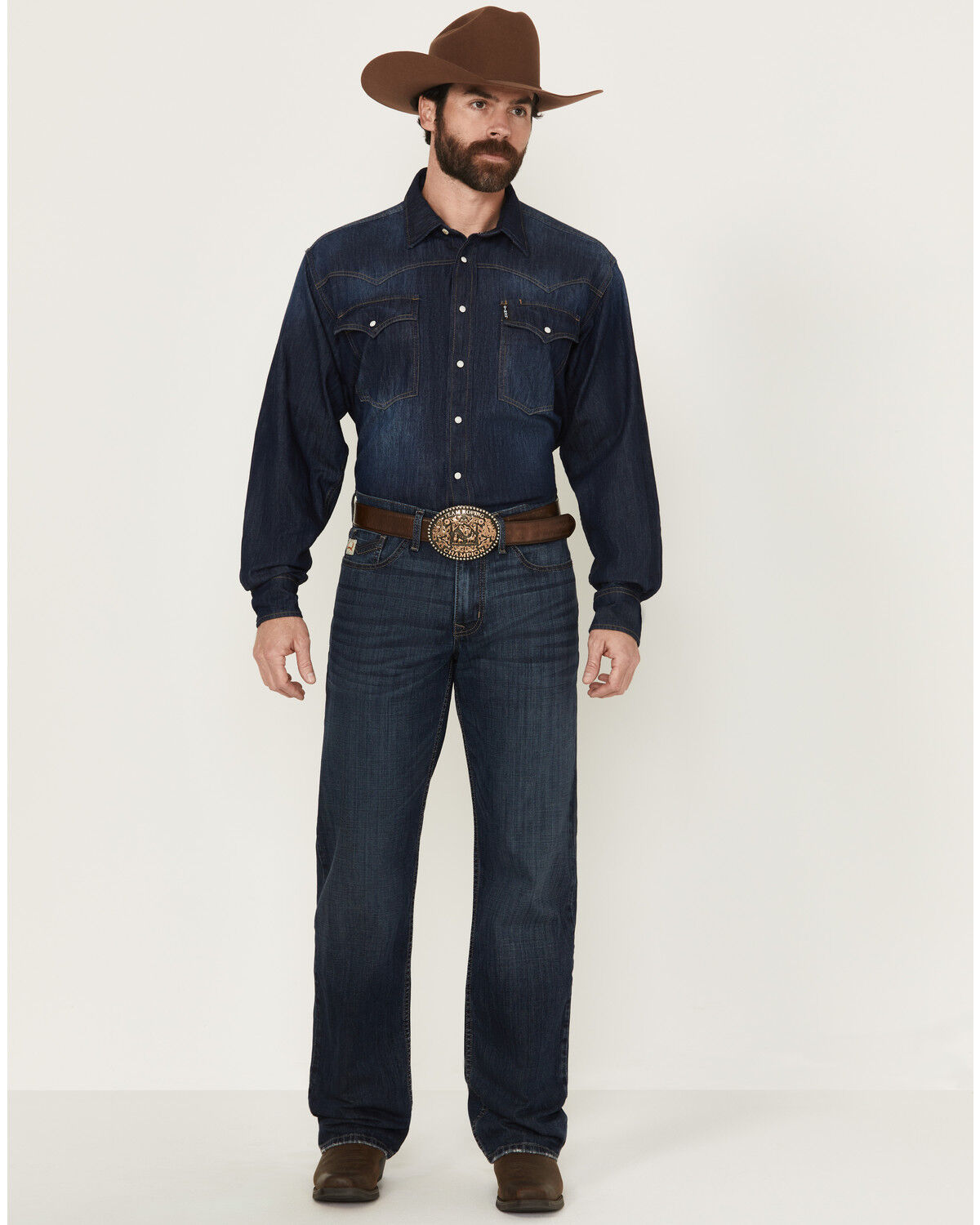 Image #1 - Cinch Men's Grant Dark Wash Relaxed Bootcut Performance Stretch Denim Jeans, Indigo, hi-res