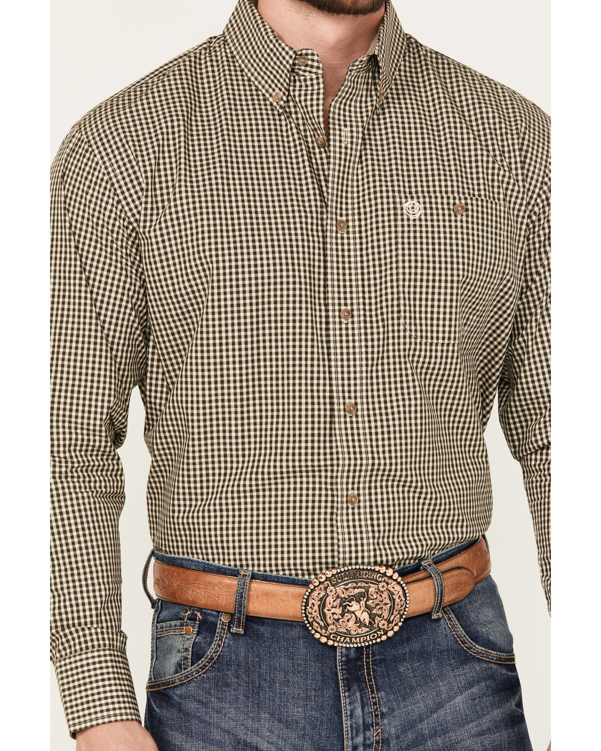 Image #3 - George Strait by Wrangler Men's Checkered Print Long Sleeve Button-Down Western Shirt, Tan, hi-res