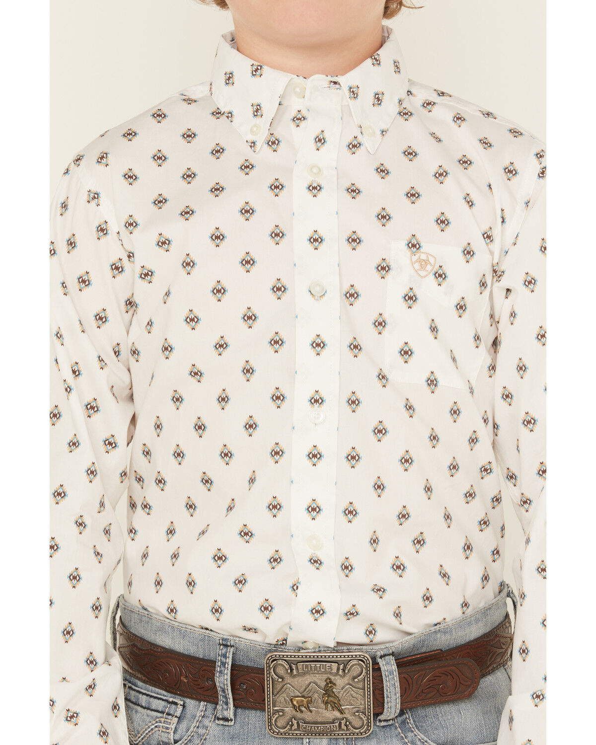 Image #3 - Ariat Boys' Classic Geo Print Long Sleeve Button-Down Western Shirt, White, hi-res