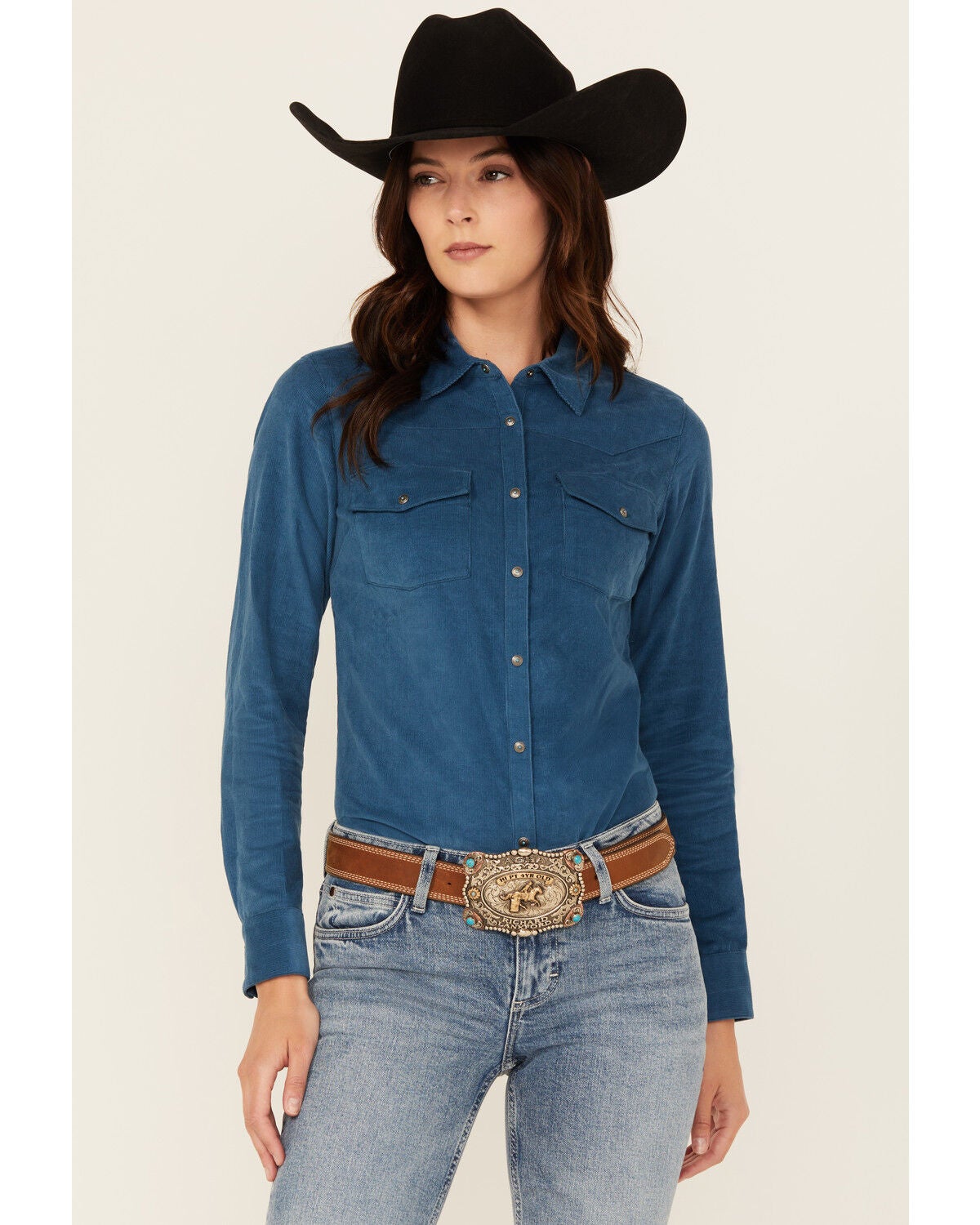 Shyanne Women's Wale Corduroy Long Sleeve Snap Western Shirt, Royal Blue, hi-res