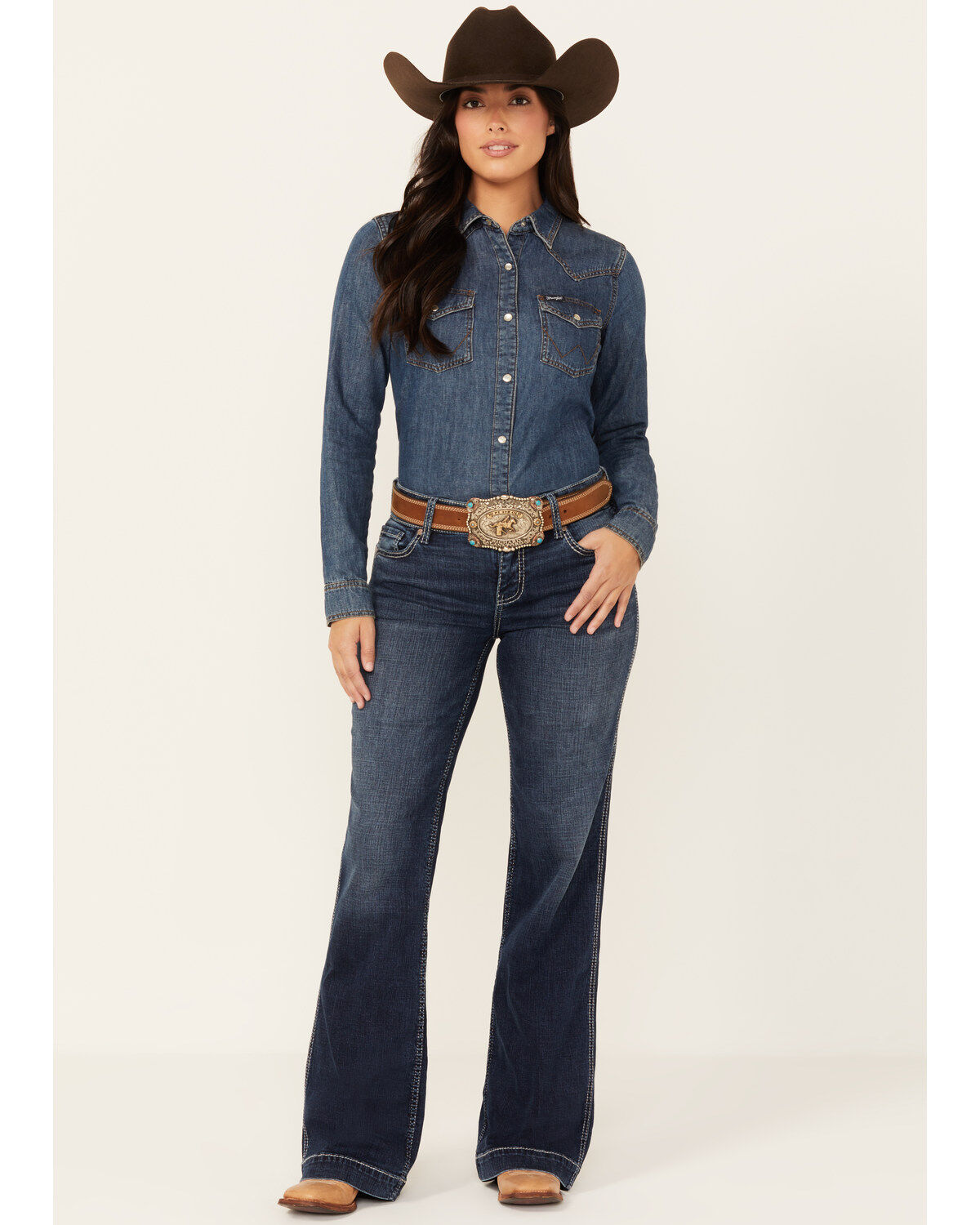 Image #1 - Shyanne Women's Great Falls Dakota Medium Wash Mid Rise Trouser Stretch Riding Jeans, Medium Wash, hi-res