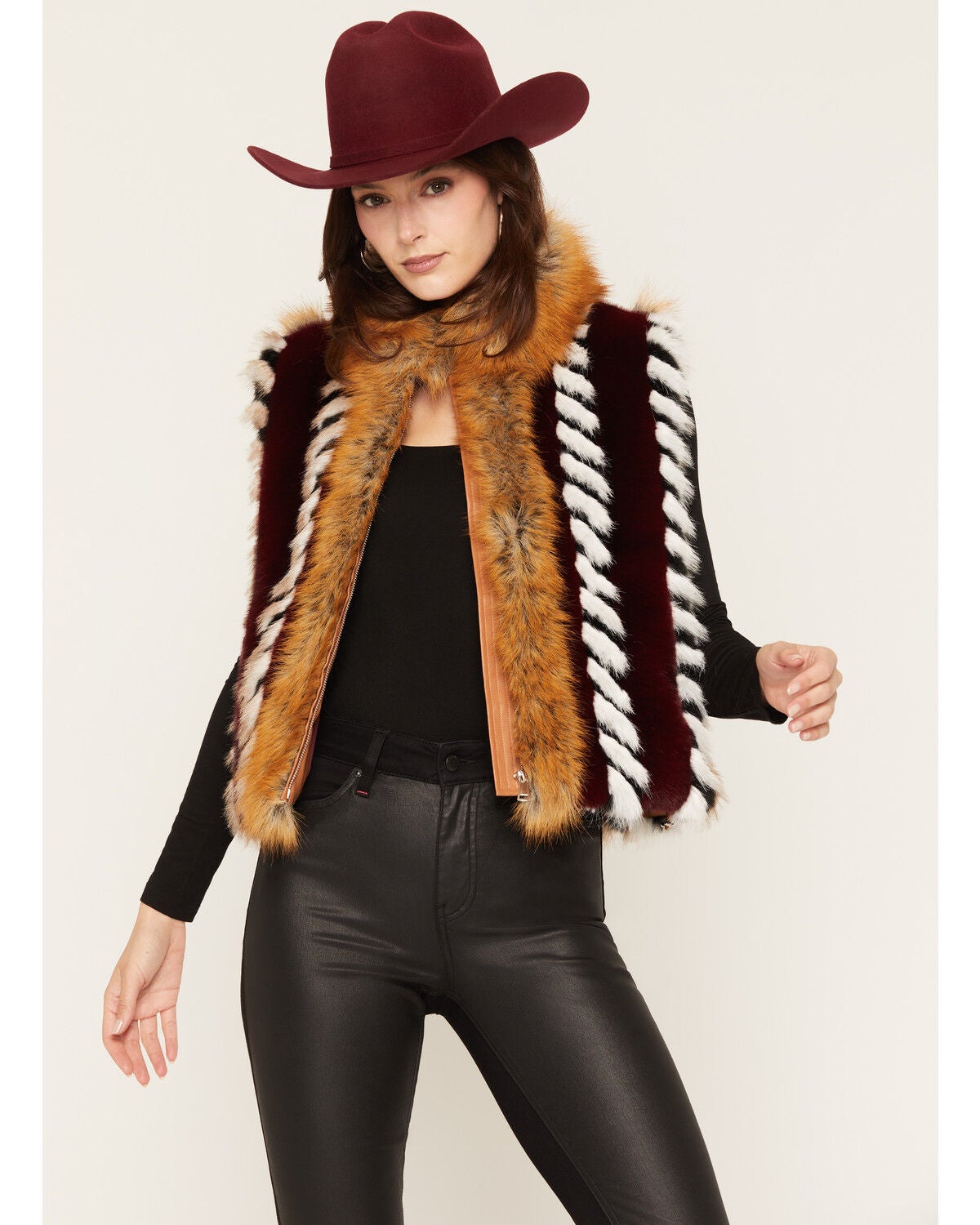 Azalea Wang Women's Striped Faux Fur Zip-Up Vest, Burgundy, hi-res