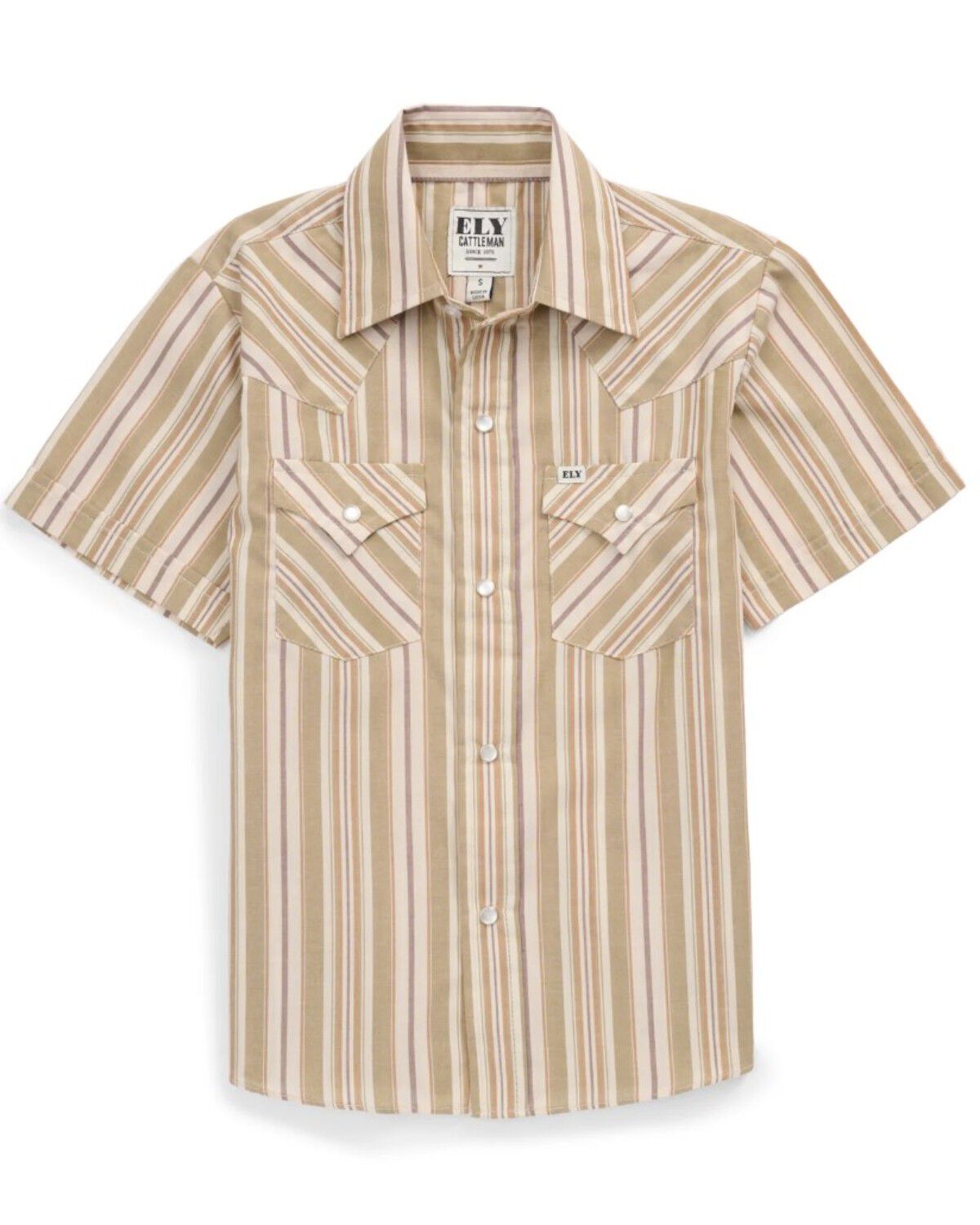 Ely Walker Boys' Striped Short Sleeve Pearl Snap Western Shirt, Olive, hi-res