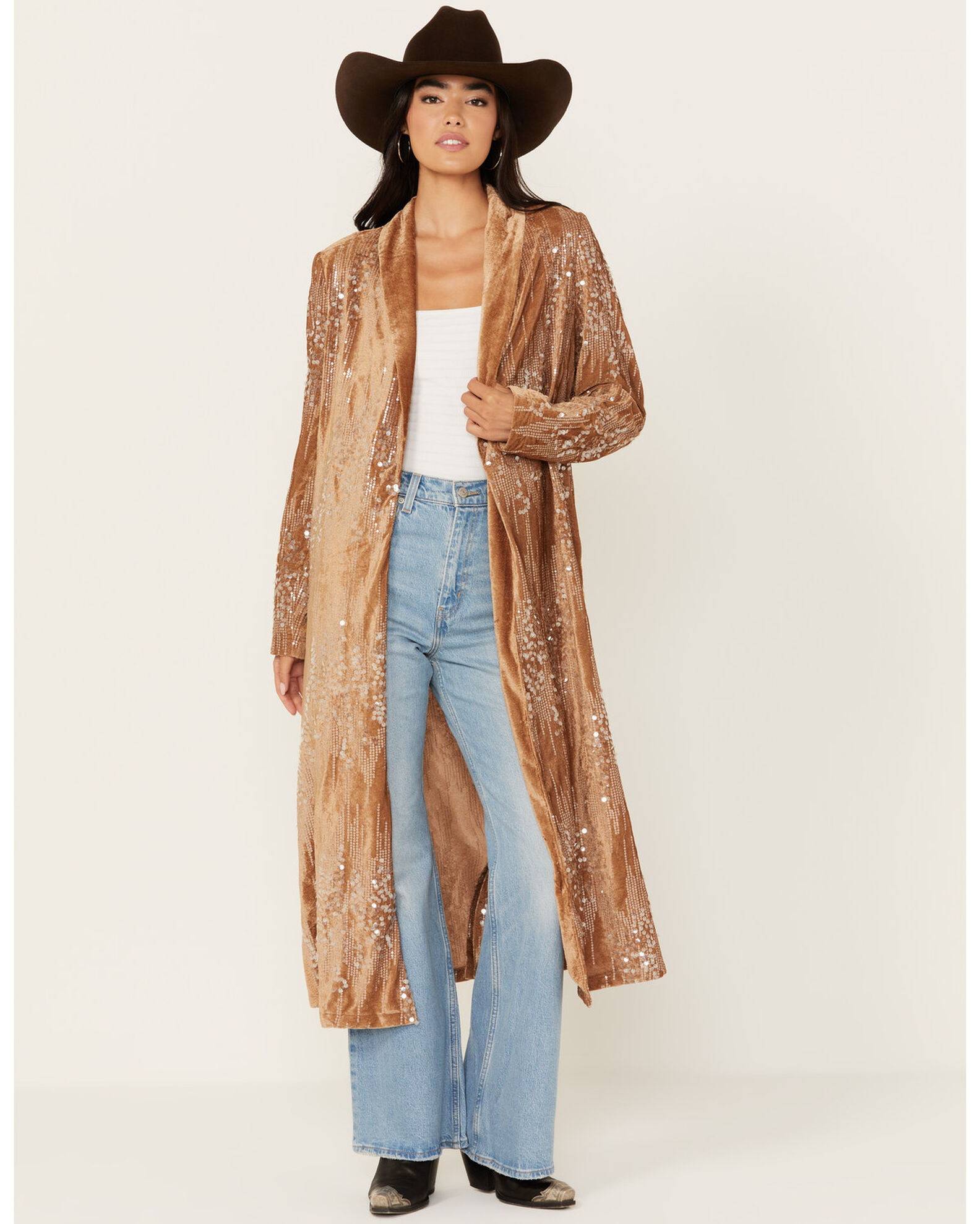 Long sequin duster clearance coat