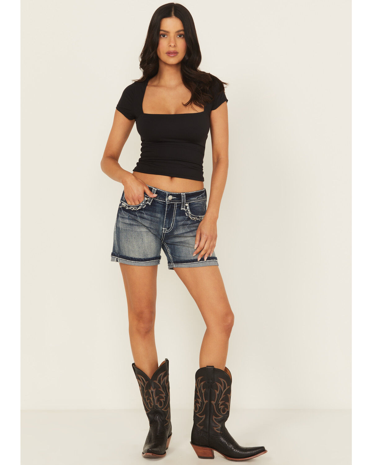 Product Name:  Grace In LA Women's Medium Wash Mid Rise Embroidered Stretch Denim Shorts
