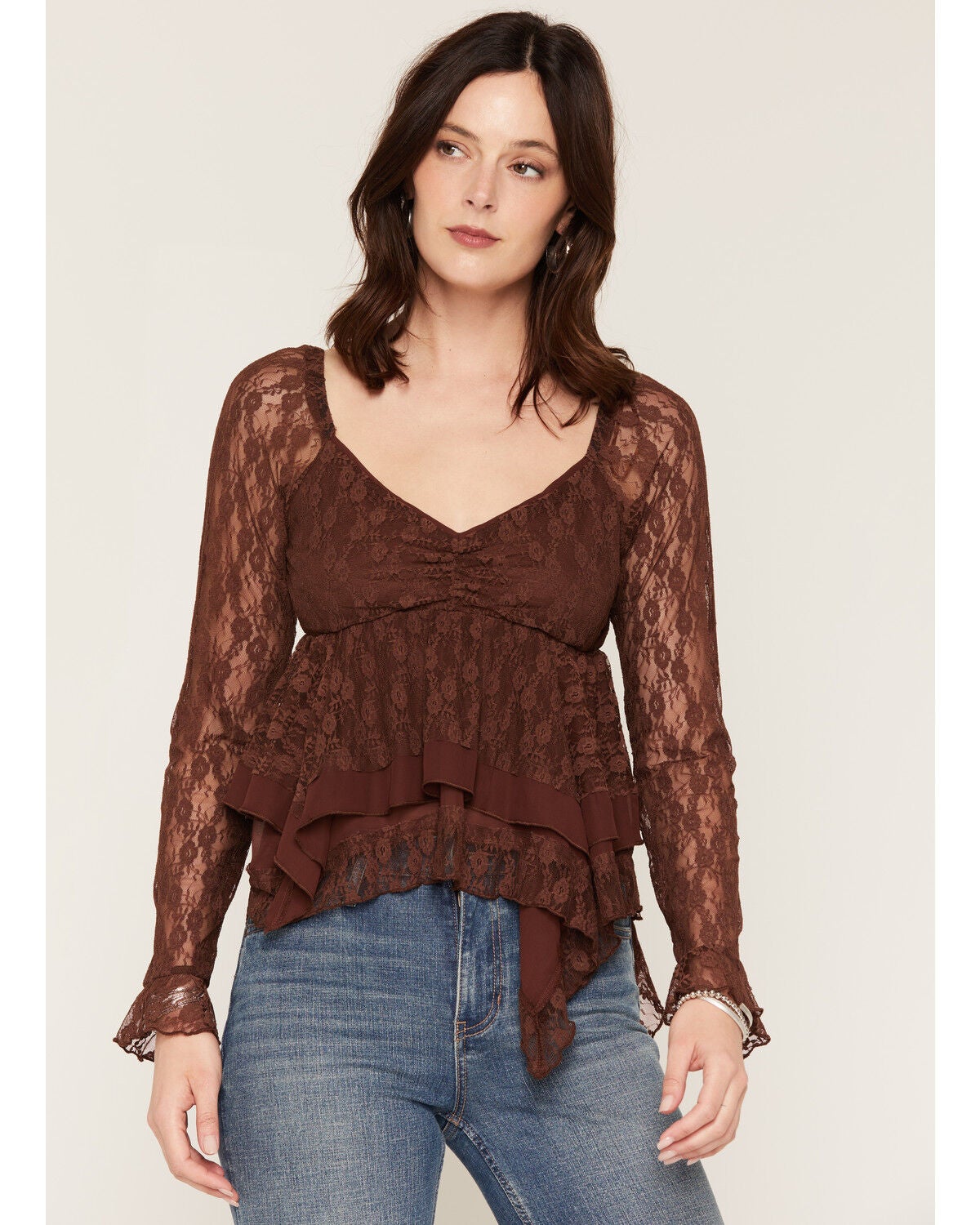 Wild Moss Women's Lace Long Sleeve Shirt, Brown, hi-res