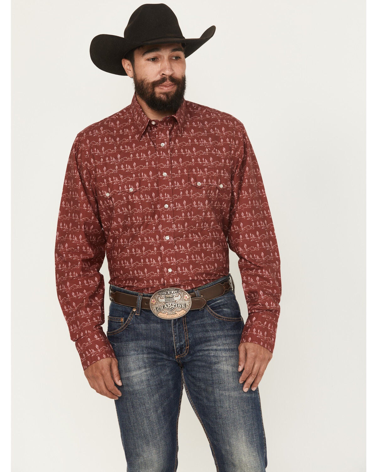 Roper Men's West Made Desert Print Long Sleeve Pearl Snap Western Shirt, Red, hi-res