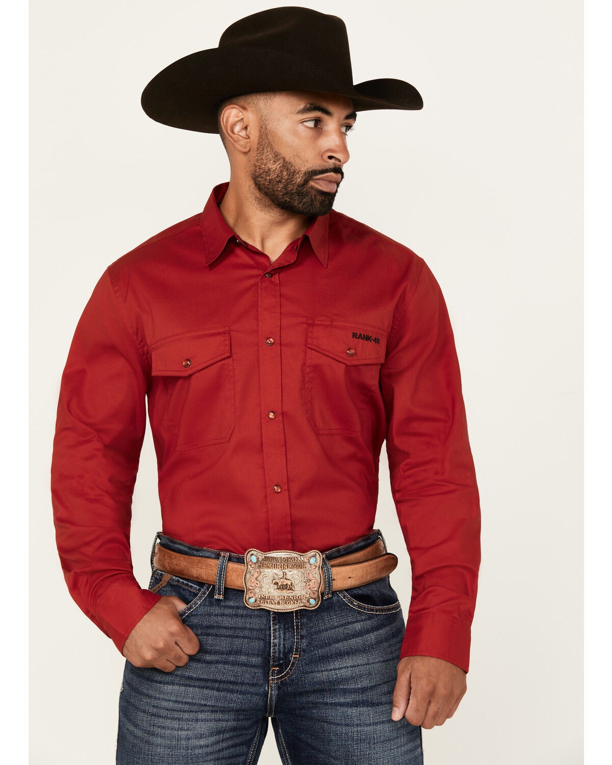 RANK 45&reg; Men's Ruffalo Solid Long Sleeve Pearl Snap Performance Western Shirt, Red, hi-res