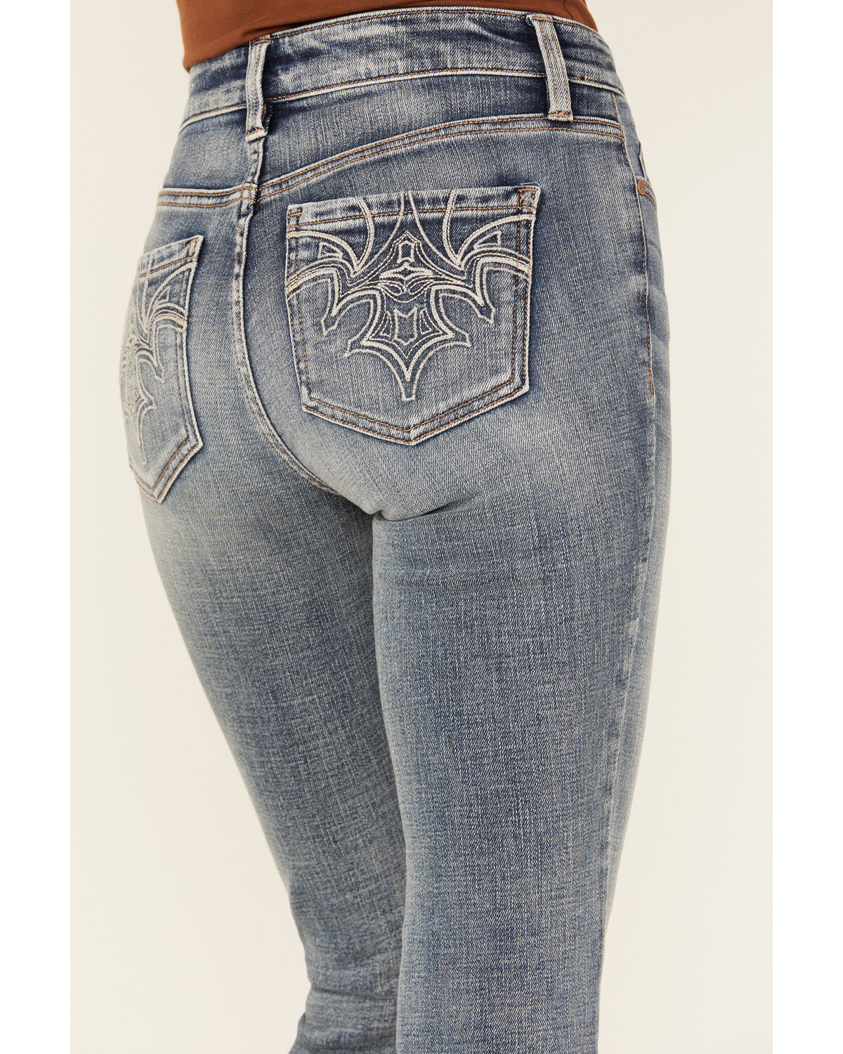 Image #2 - Shyanne Women's Medium Wash Aria Novelty Back Pocket Mid Rise Bootcut Stretch Denim Jeans, Medium Wash, hi-res