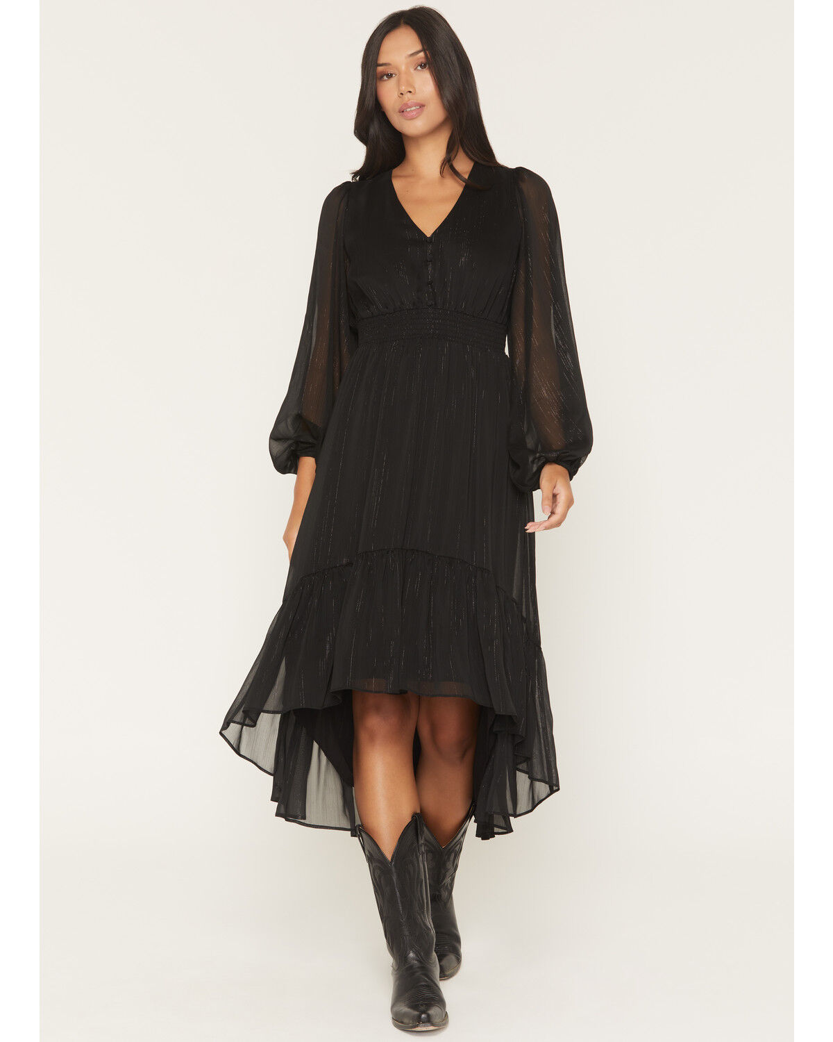 Image #2 - Shyanne Women's Josephine Faux Button-Down Long Sleeve Lurex Midi Dress, Black, hi-res