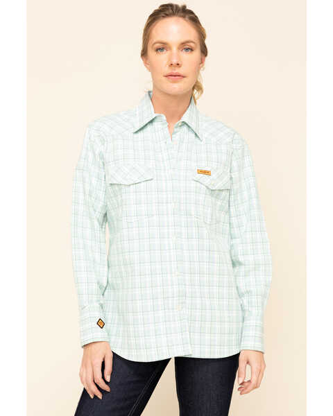 Wrangler Women's FR Long Sleeve Button Down Work Shirt , Turquoise, hi-res