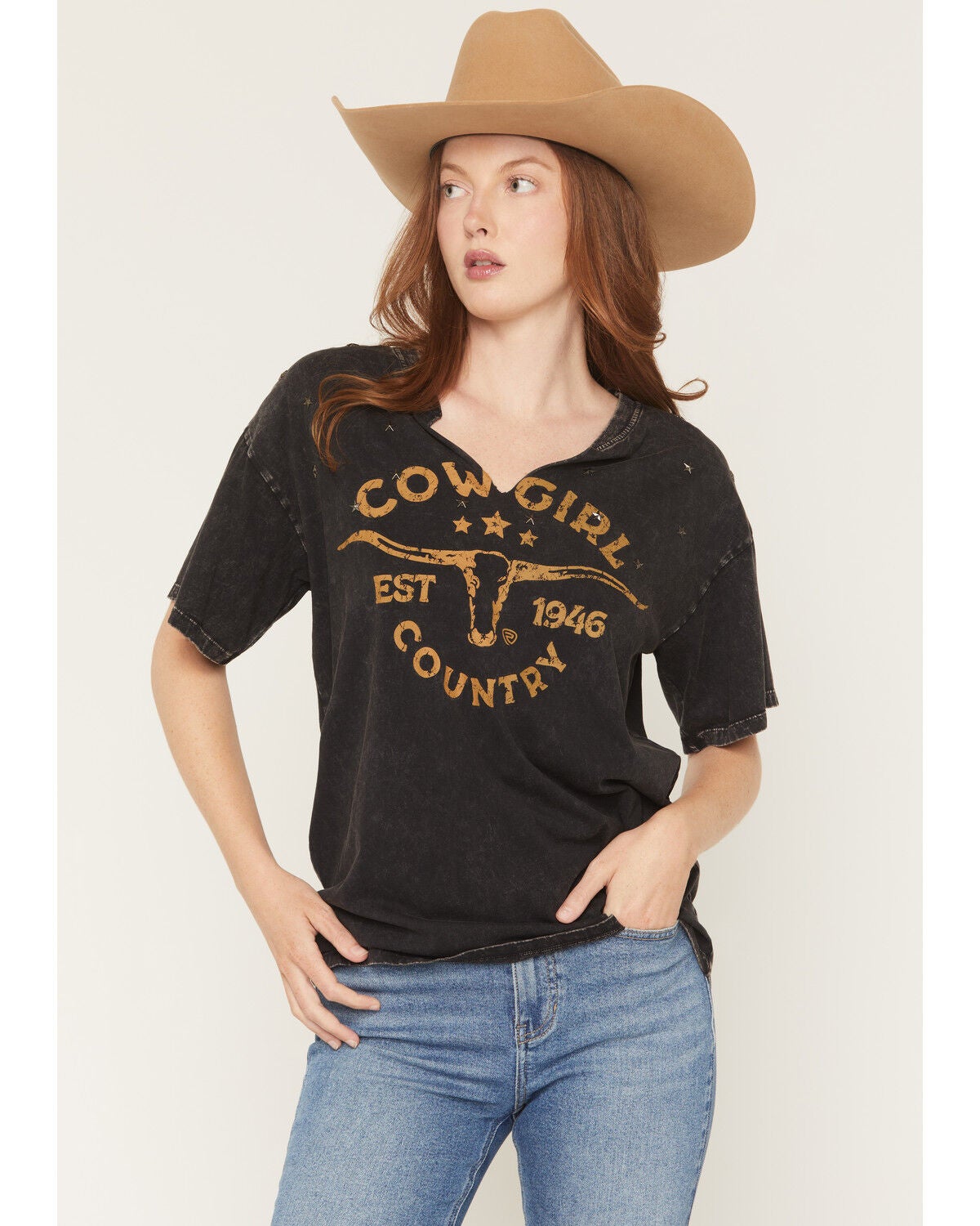 Rock & Roll Denim Women's Cowgirl Steerhead Short Sleeve Graphic Tee, Black, hi-res