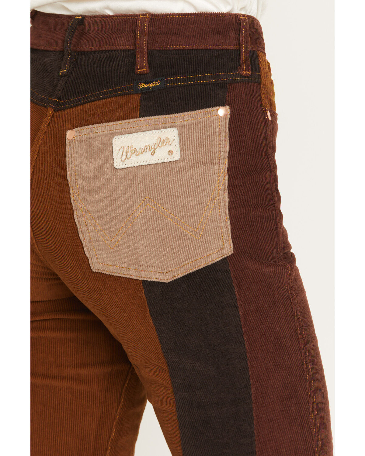 Image #4 - Wrangler X Lainey Wilson Women's High Rise Patchwork Corduroy Bell Bottom Stretch Flare Jeans, Brown, hi-res