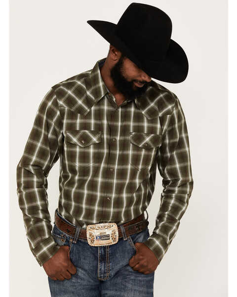 Cody James Men's Lost Trail Plaid Print Long Sleeve Snap Western Shirt , Olive, hi-res