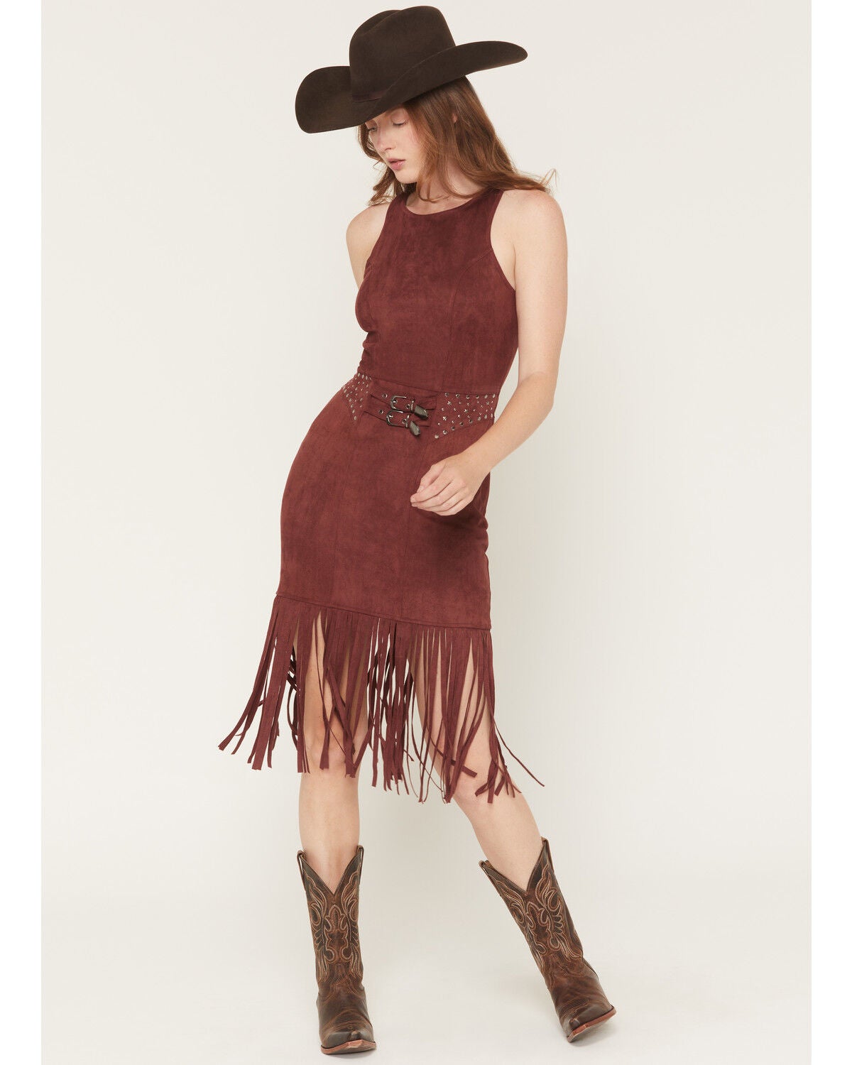 Rock & Roll Denim Women's Faux Suede Fringe Belted Sleeveless Midi Dress, Wine, hi-res