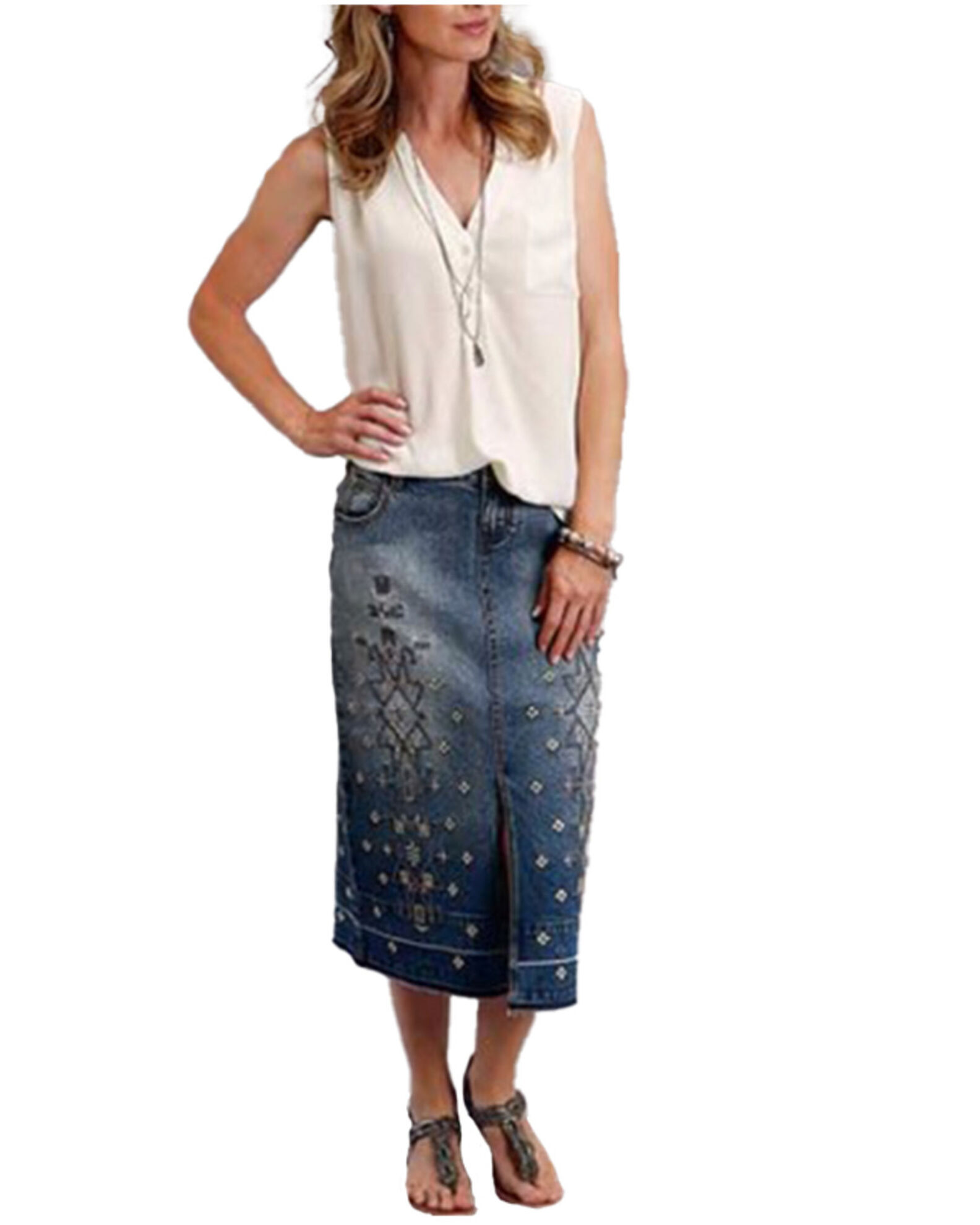 Embroidered long denim skirt top