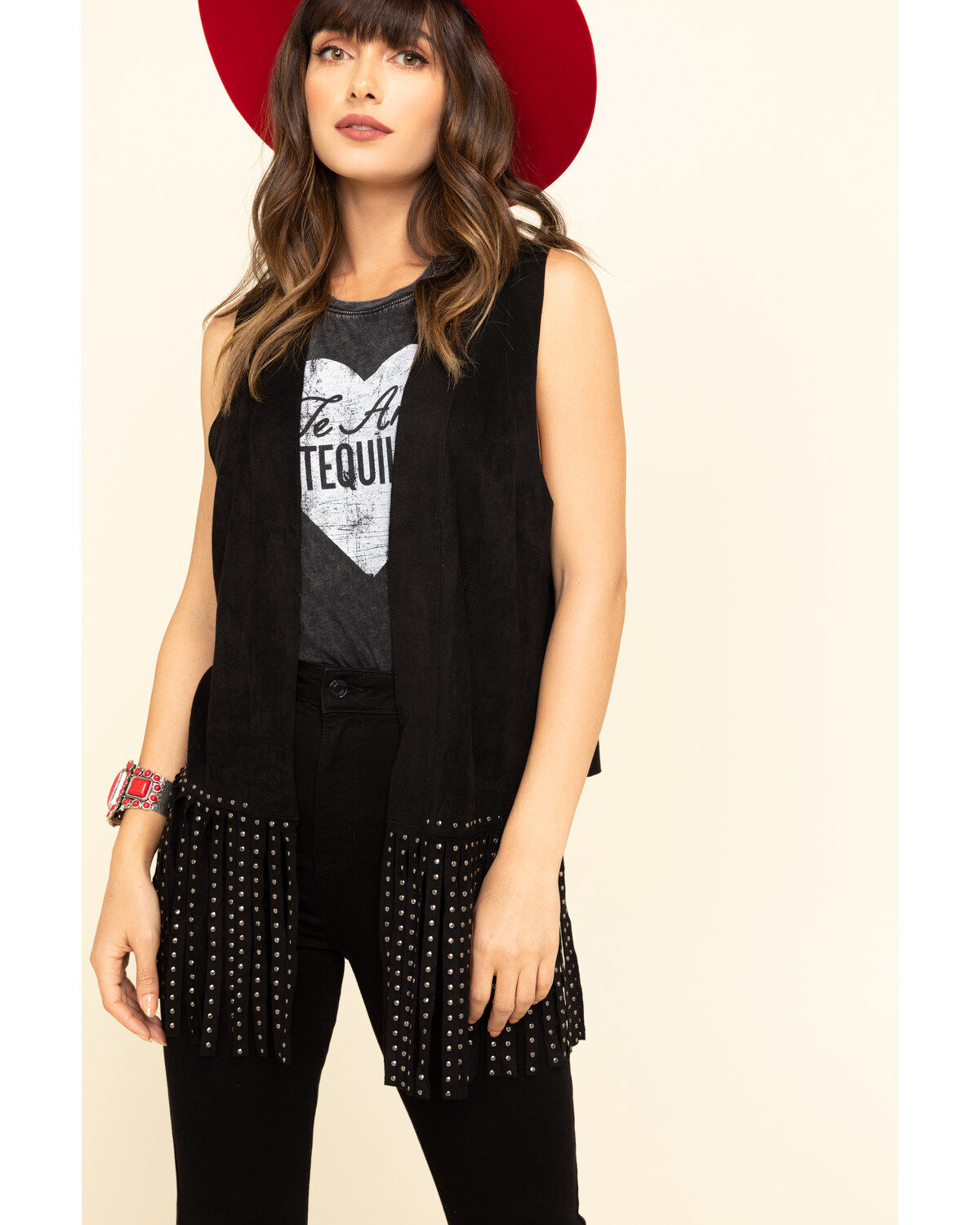 Image #1 - Vocal Women's Studded Fringe Vest, Black, hi-res