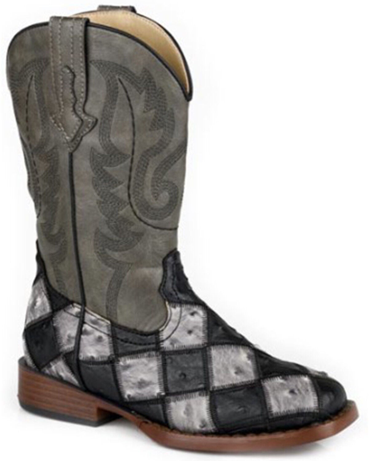 Roper Boys' Bird Blocks Ostrich Print Western Boots - Broad Square Toe, Black, hi-res