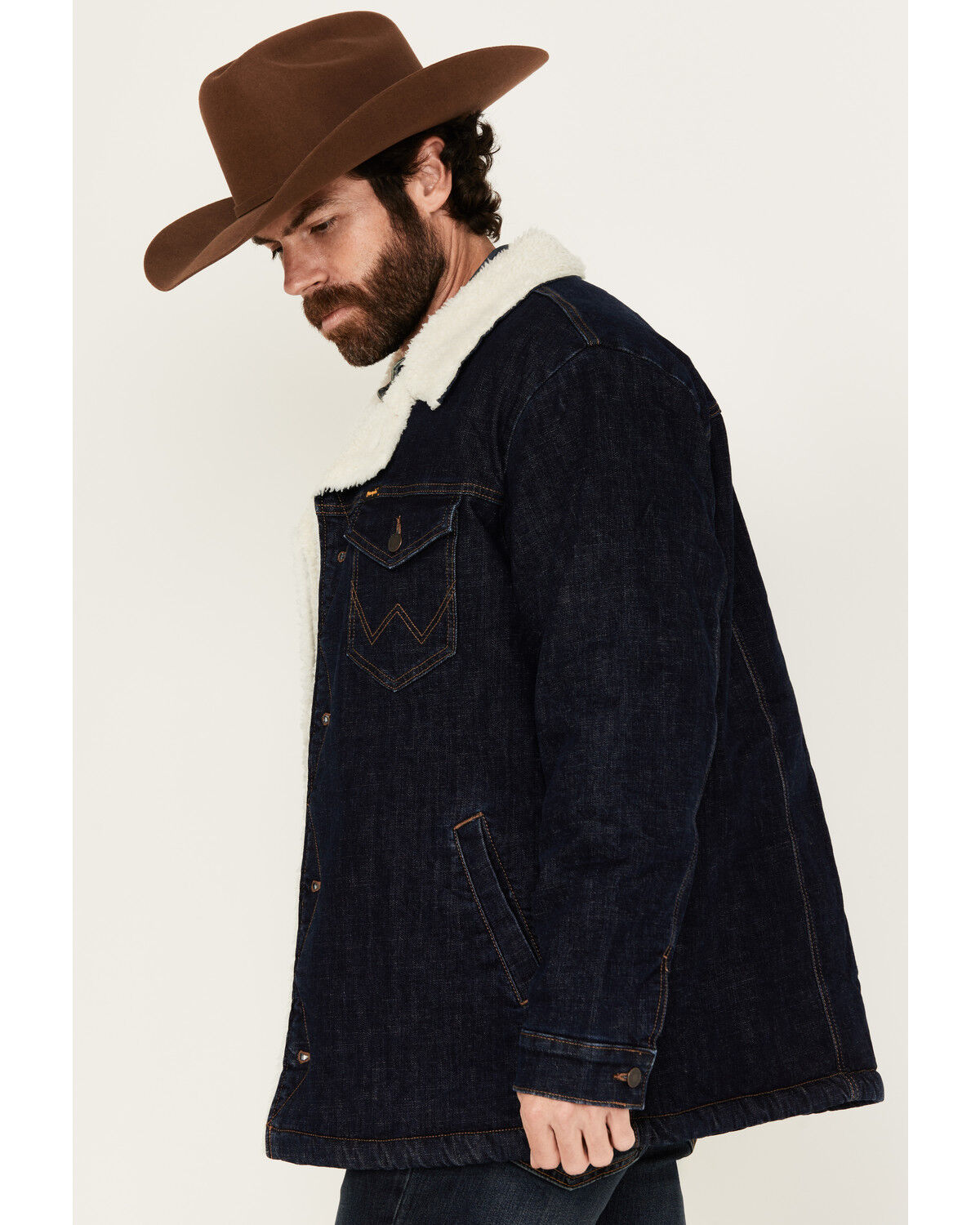 Image #2 - Wrangler Men's Archive Long Sherpa Lined Button-Down Denim Jacket, Dark Wash, hi-res