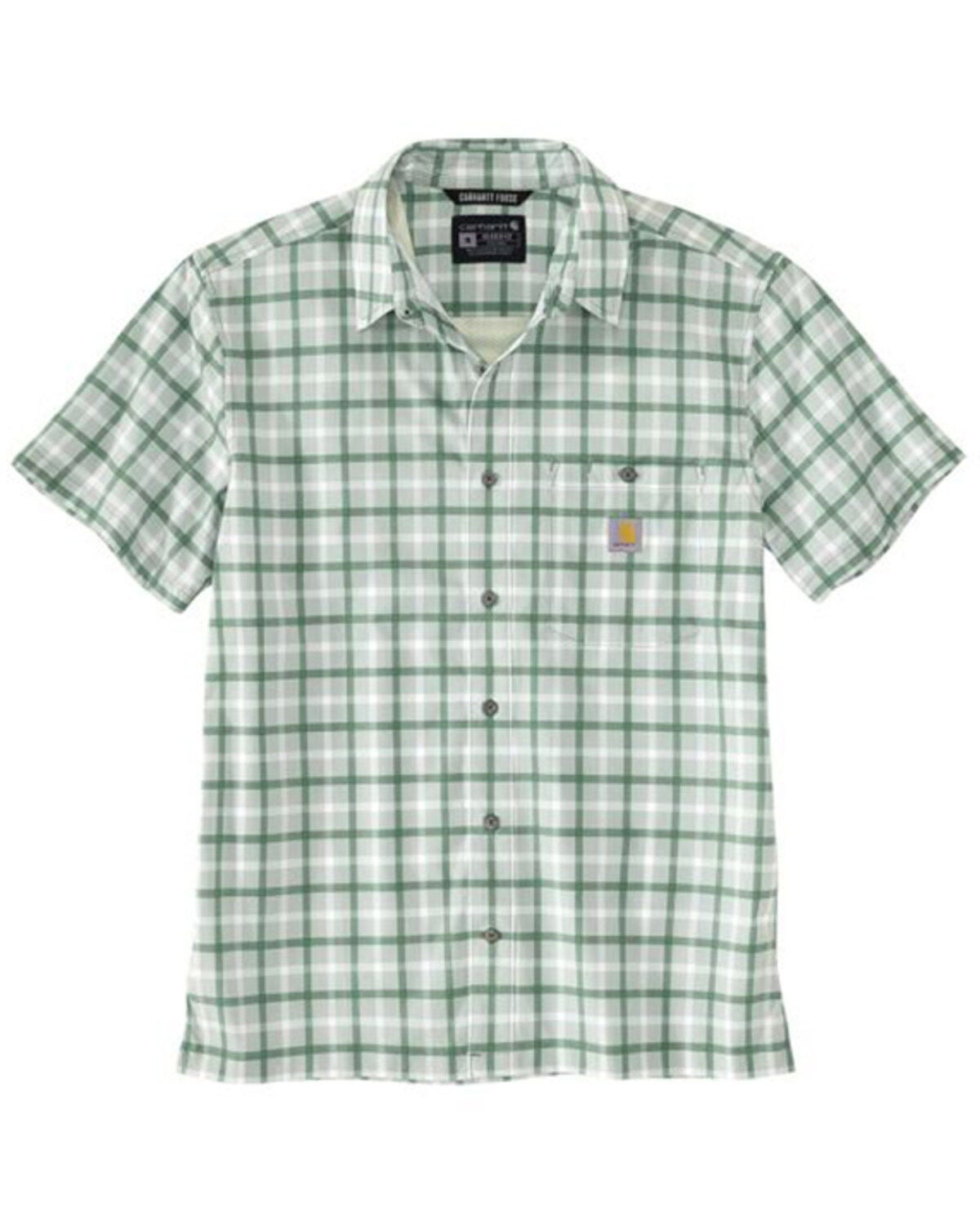 Carhartt Men's Force Sun Defender&trade; Relaxed Fit Lightweight Plaid Print Short Sleeve Button-Down Shirt, Loden, hi-res