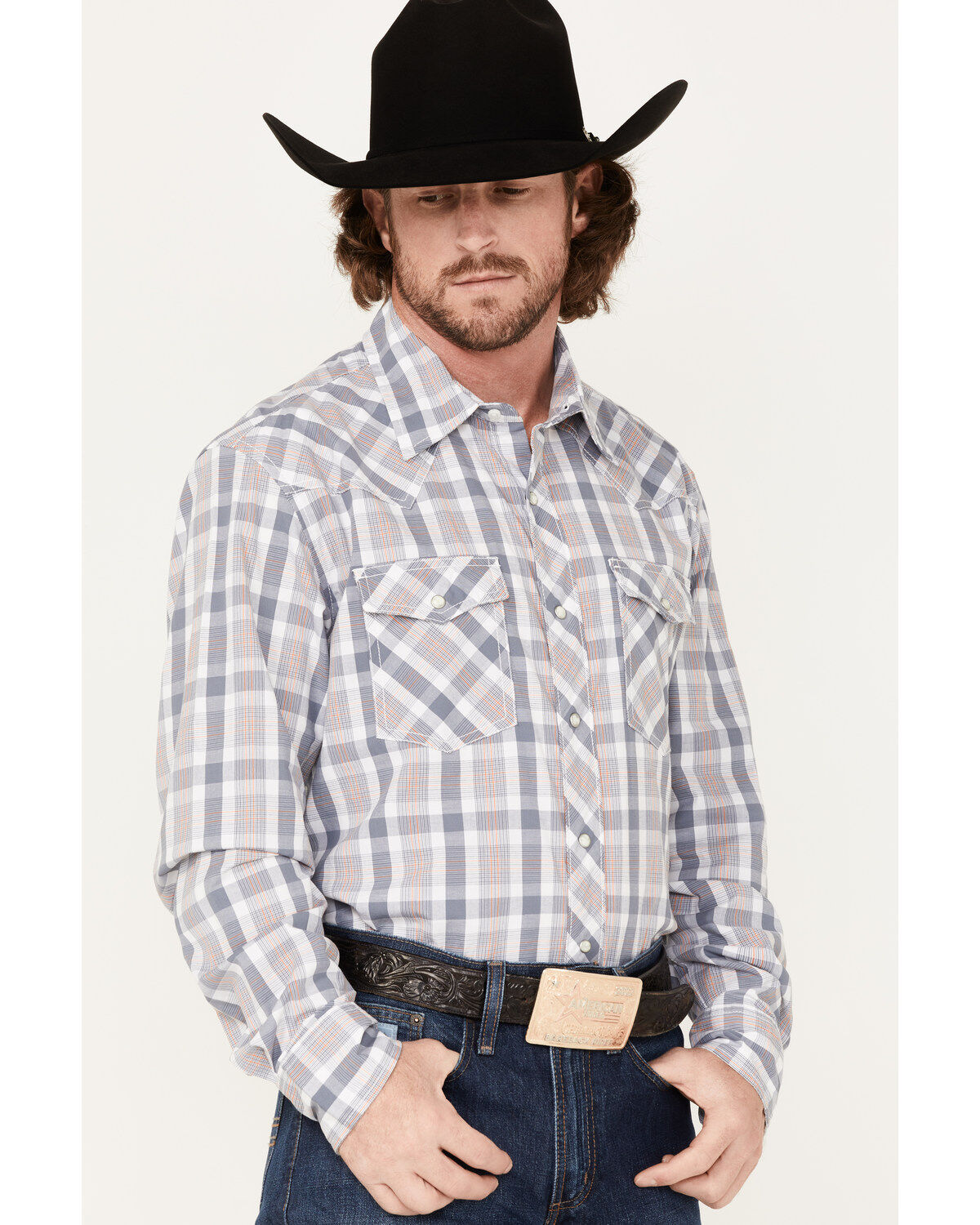 Image #2 - Wrangler 20X Men's Competition Advanced Comfort Small Plaid Print Long Sleeve Snap Shirt, Grey, hi-res