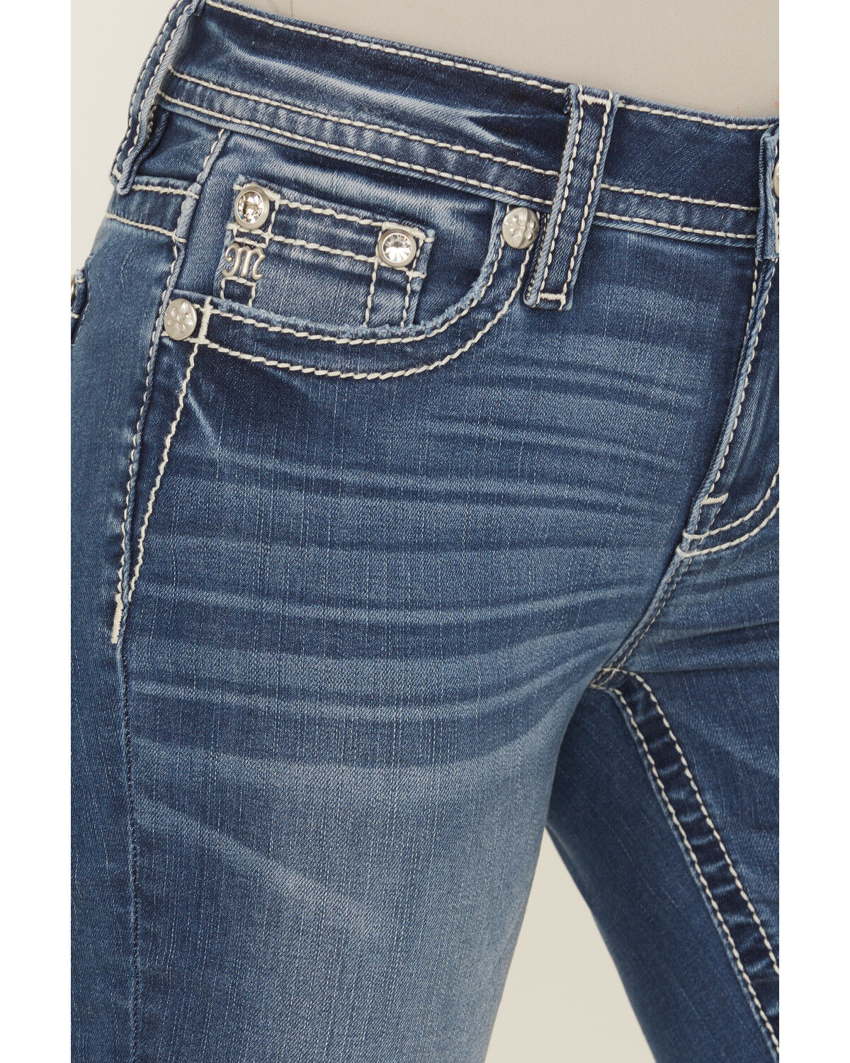 Miss Me Women's Medium Wash Mid Rise Fleur de Lis Pocket 32" Bootcut Stretch Denim Jeans