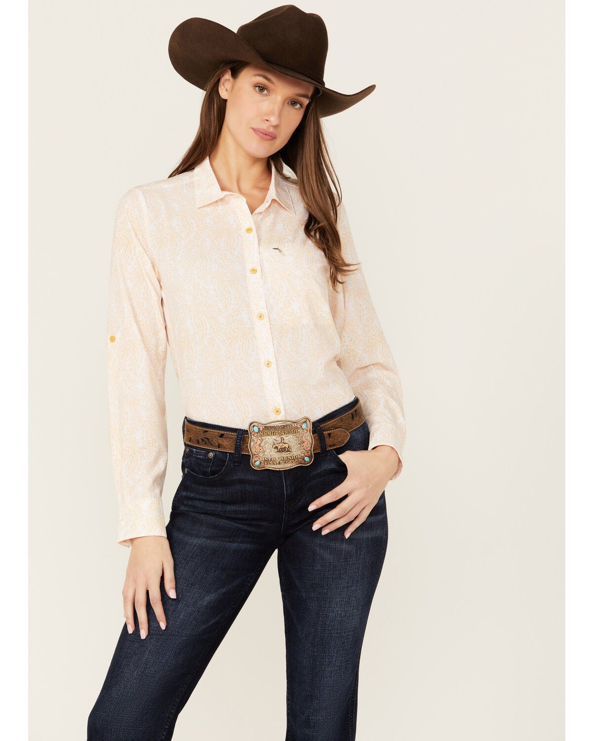 Ariat Women's Paisley Print VentTek Stretch Long Sleeve Button-Down Western Shirt, Yellow, hi-res