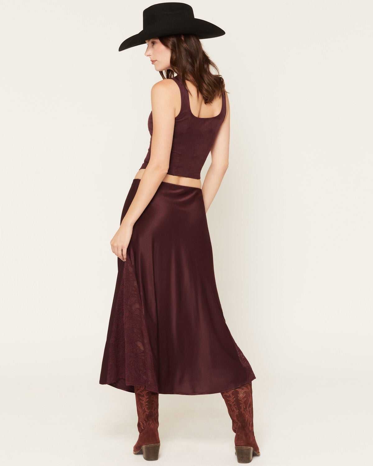 Image #3 - Idyllwind Women's Rita Satin and Lace Midi Skirt, Wine, hi-res