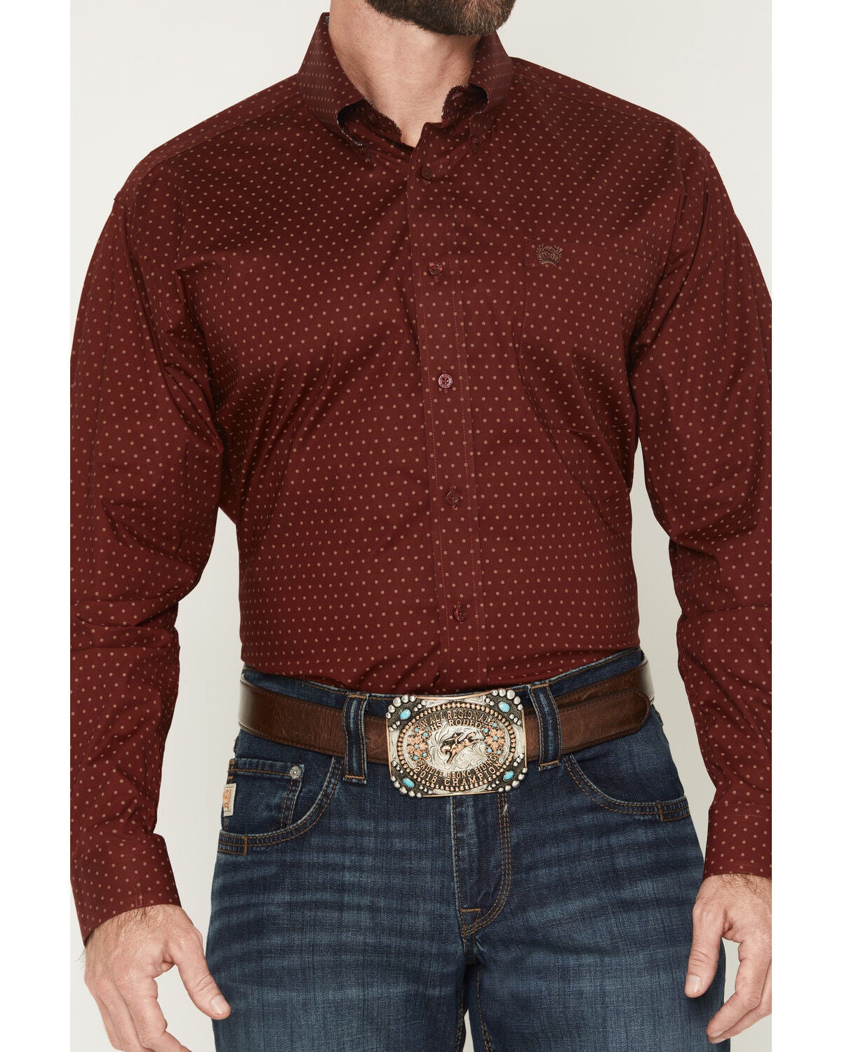 Image #3 - Cinch Men's Polka Dot Print Long Sleeve Button-Down Stretch Western Shirt, Burgundy, hi-res