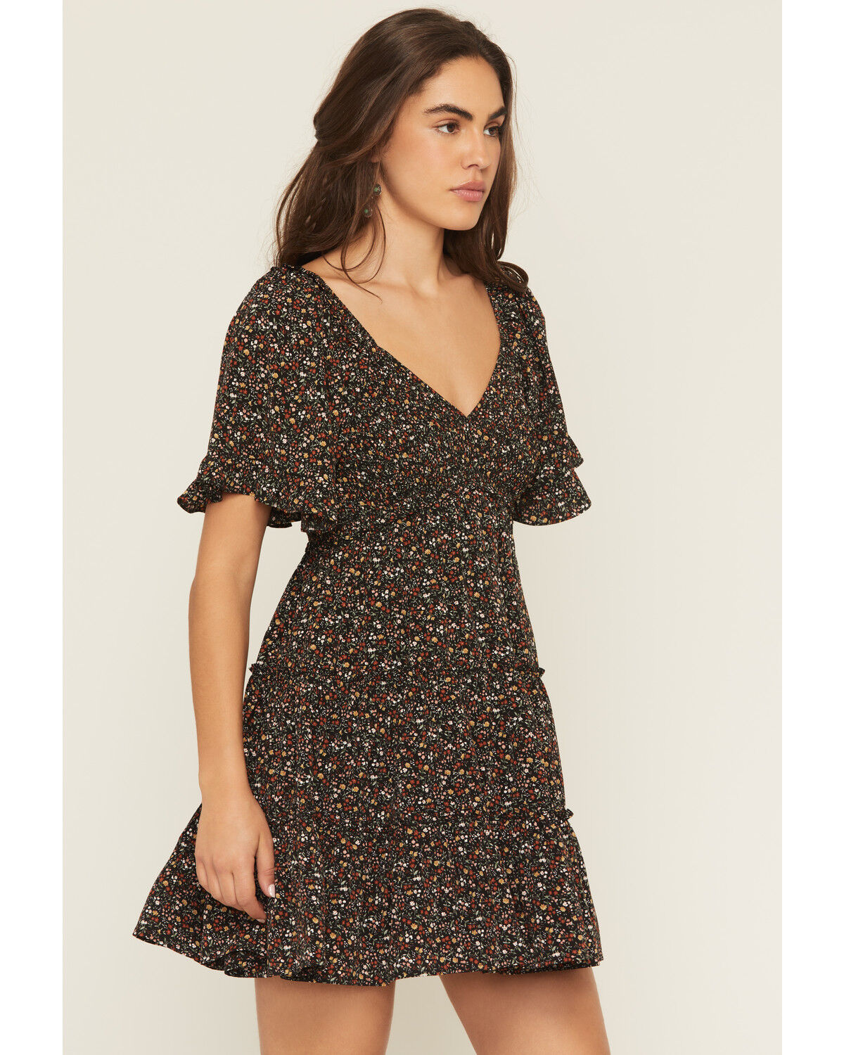 Yura Women's Floral Print Short Sleeve Smocked Mini Dress