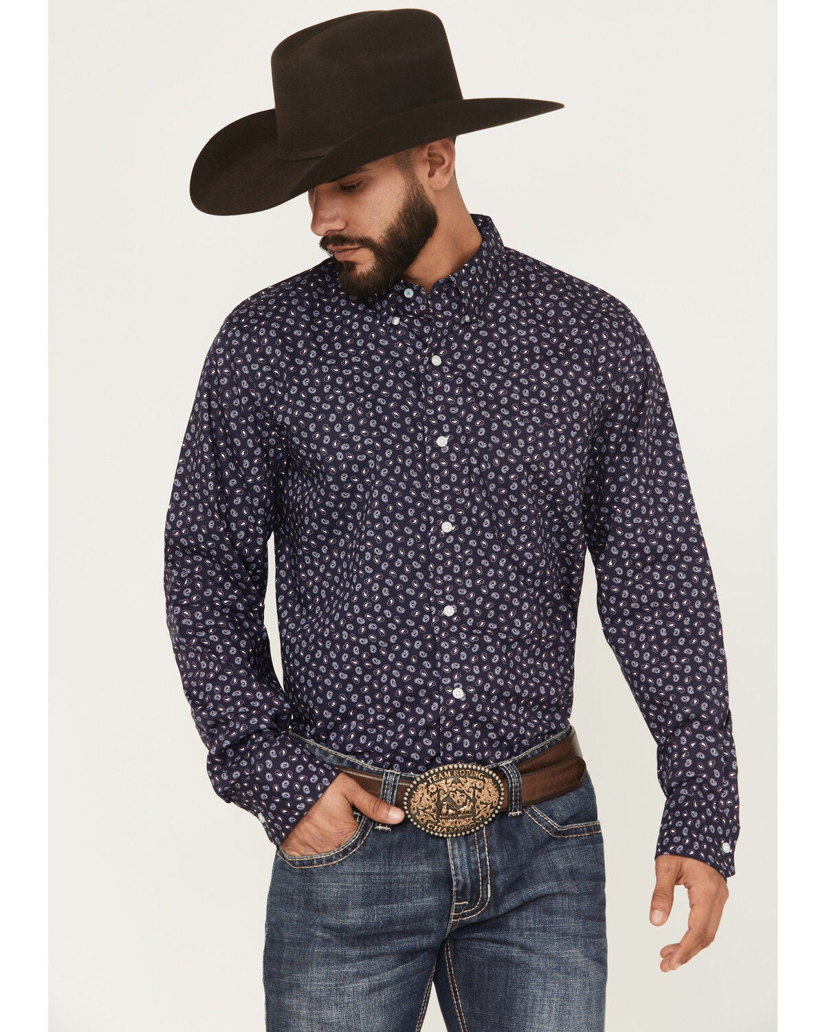 Wrangler X Cody Johnson Men's Paisley Print Long Sleeve Button-Down Western Shirt, Navy, hi-res