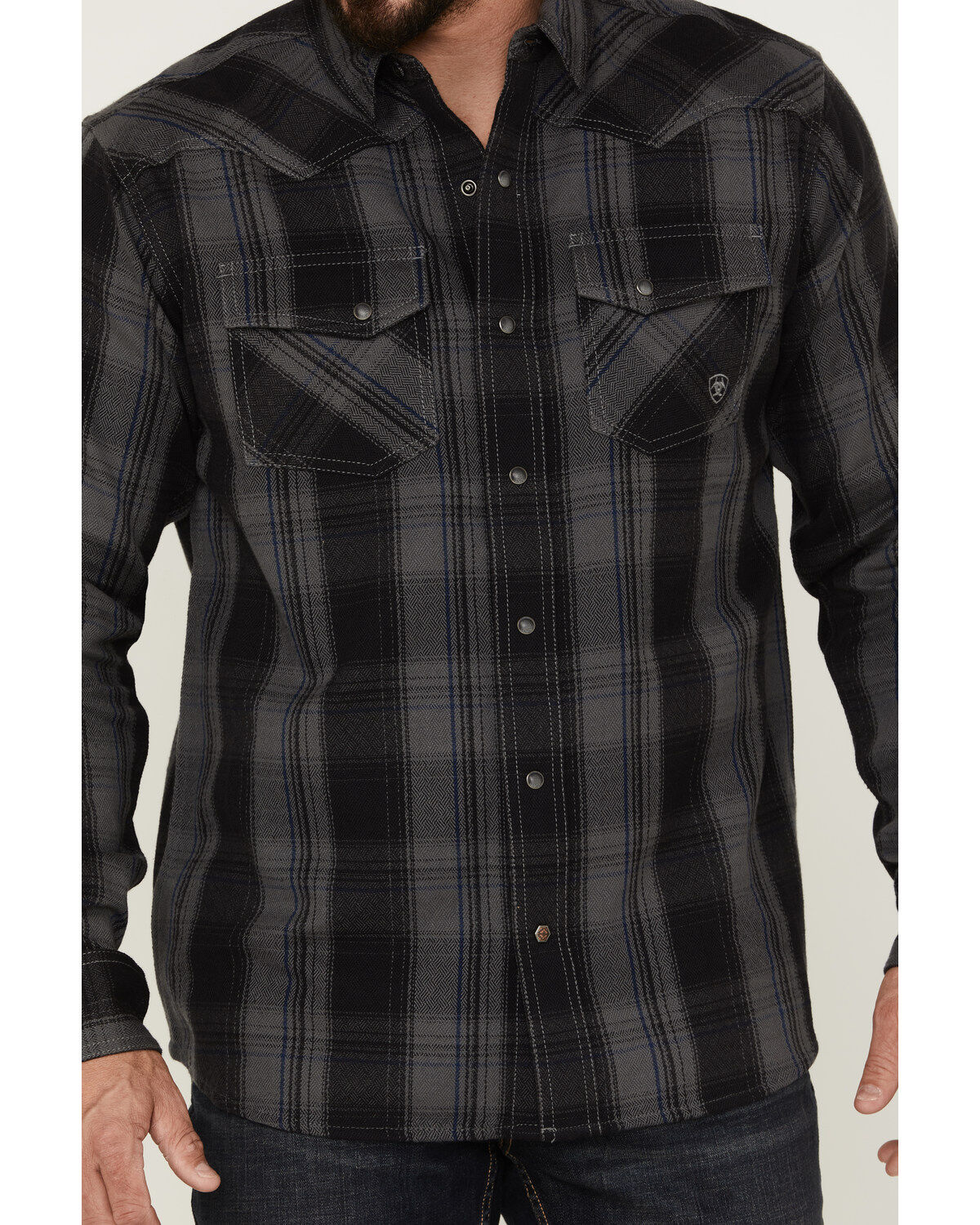 Image #3 - Ariat Men's Harrold Plaid Long Sleeve Snap Western Flannel Shirt, Black, hi-res