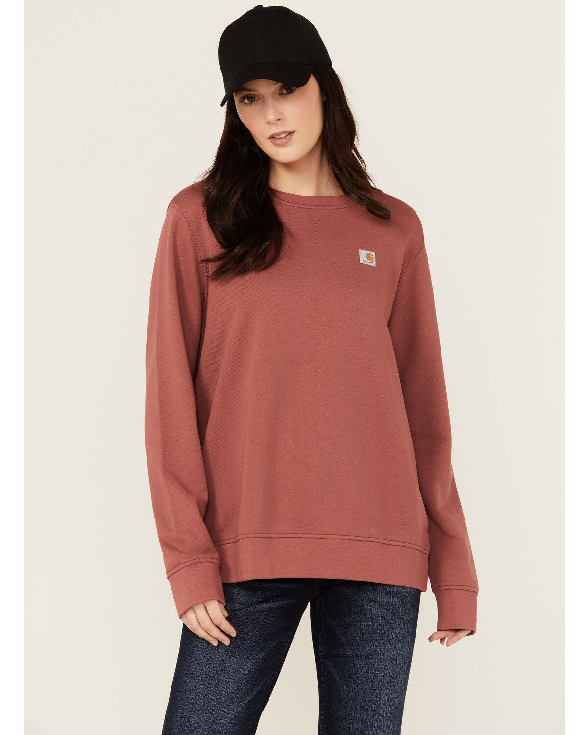 Carhartt Women's Relaxed Fit Midweight Crewneck Sweatshirt, Maroon, hi-res