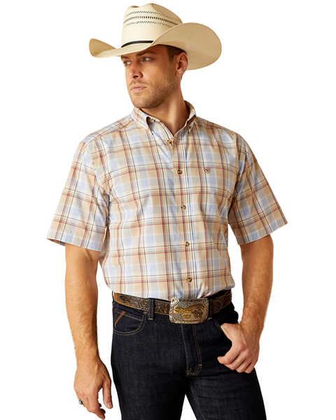 Image #2 - Ariat Men's Pro Series Denzel Plaid Print Short Sleeve Button-Down Western Shirt , Beige, hi-res