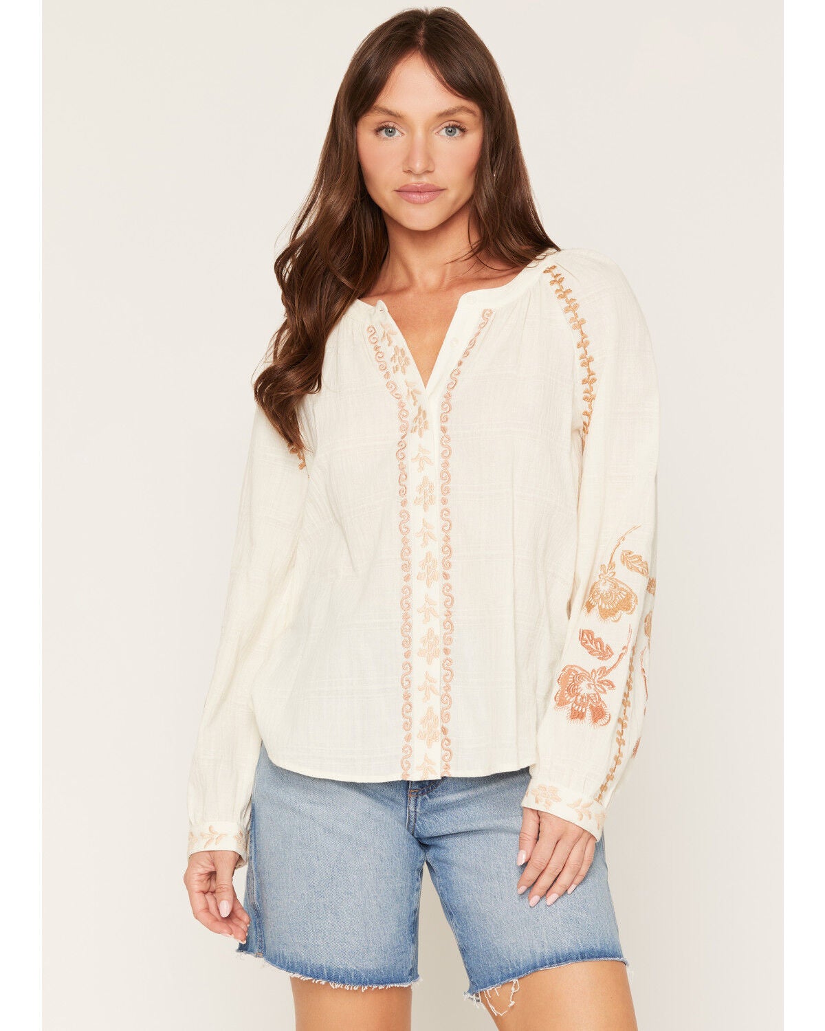 Lovestitch Women's Long Sleeve Embroidered Peasant Top, Natural, hi-res