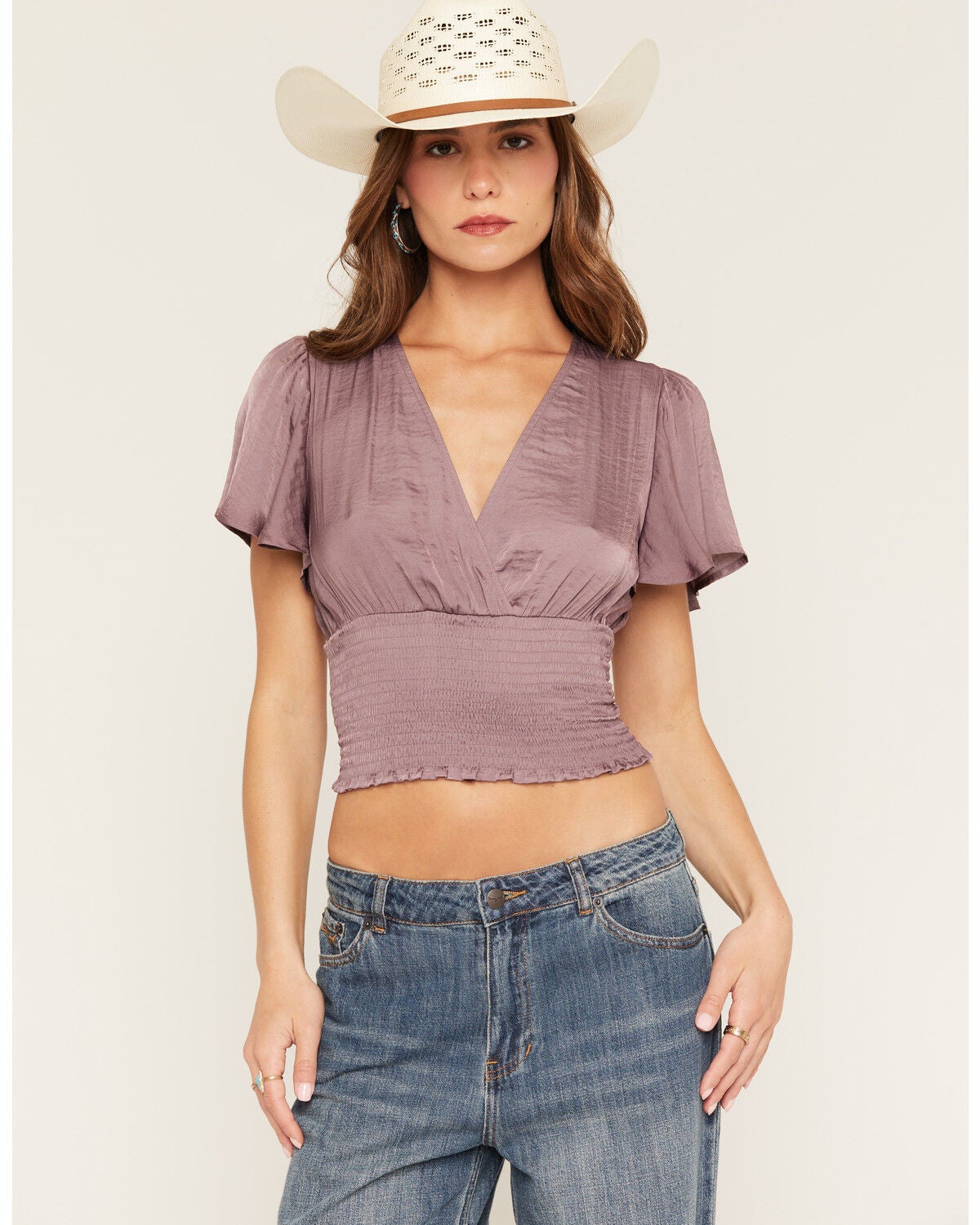 Image #1 - Shyanne Women's Millie Flutter Sleeve Smocked Waist Cropped Top, Slate, hi-res