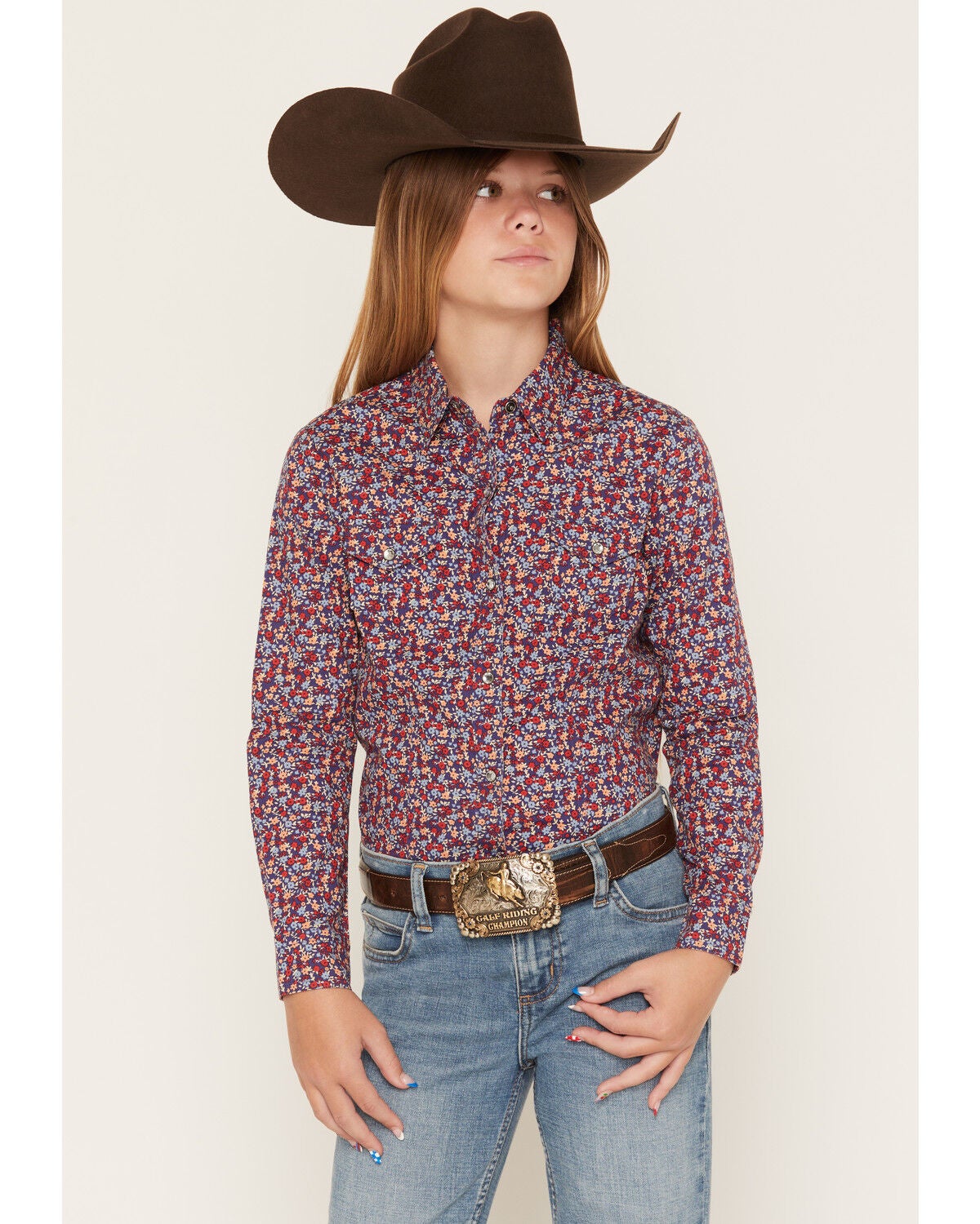Image #1 - Cruel Girl Girl's Floral Print Long Sleeve Rhinestone Snap Western Shirt, , hi-res