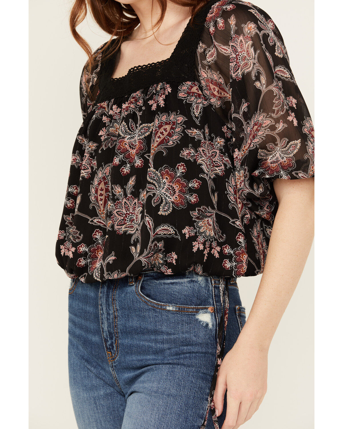 Image #2 - Wild Moss Women's Floral Pais Short Sleeve Peasant Top, Black, hi-res