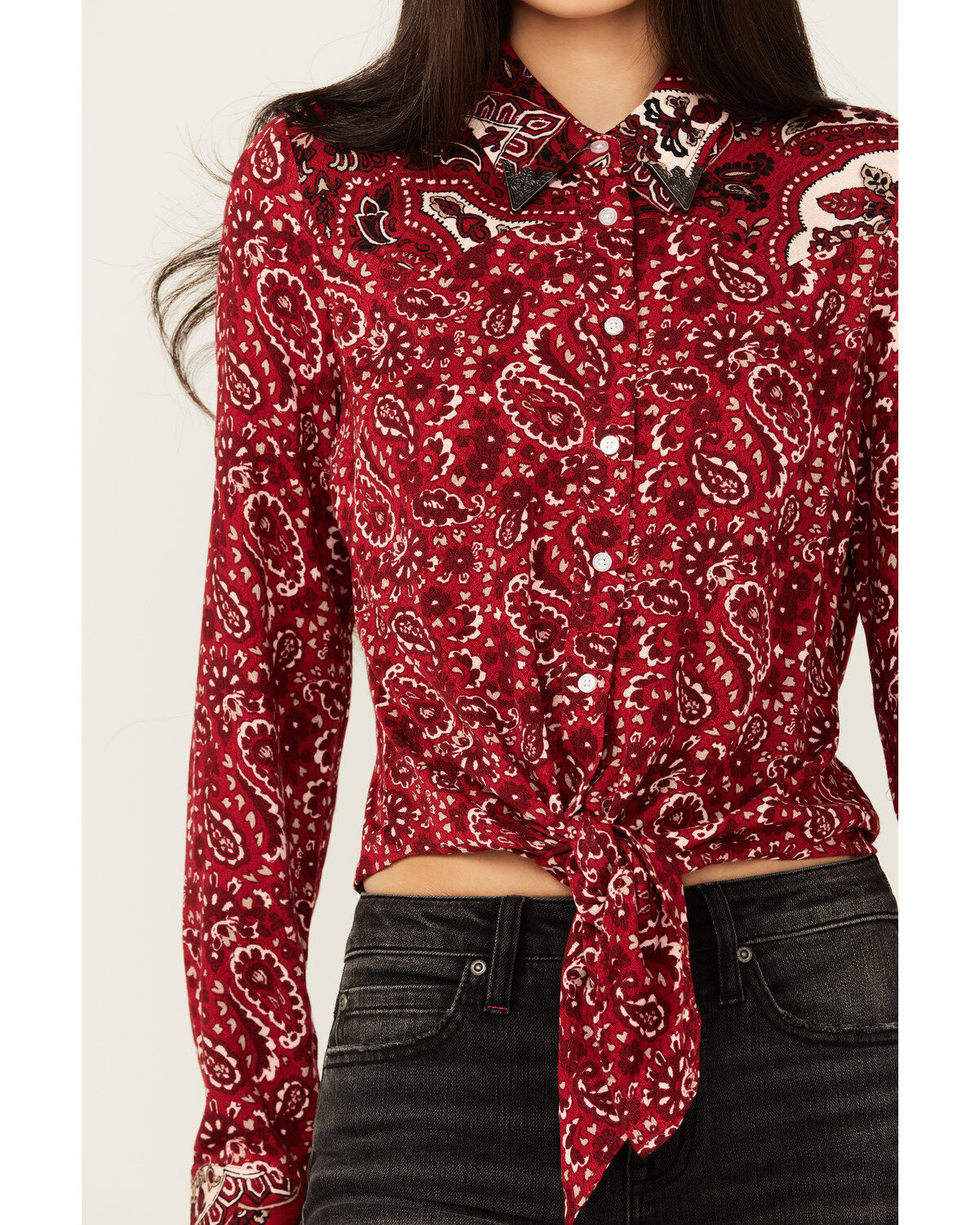 Image #3 - Idyllwind Women's Erwin Printed Tie Front Shirt, Dark Red, hi-res