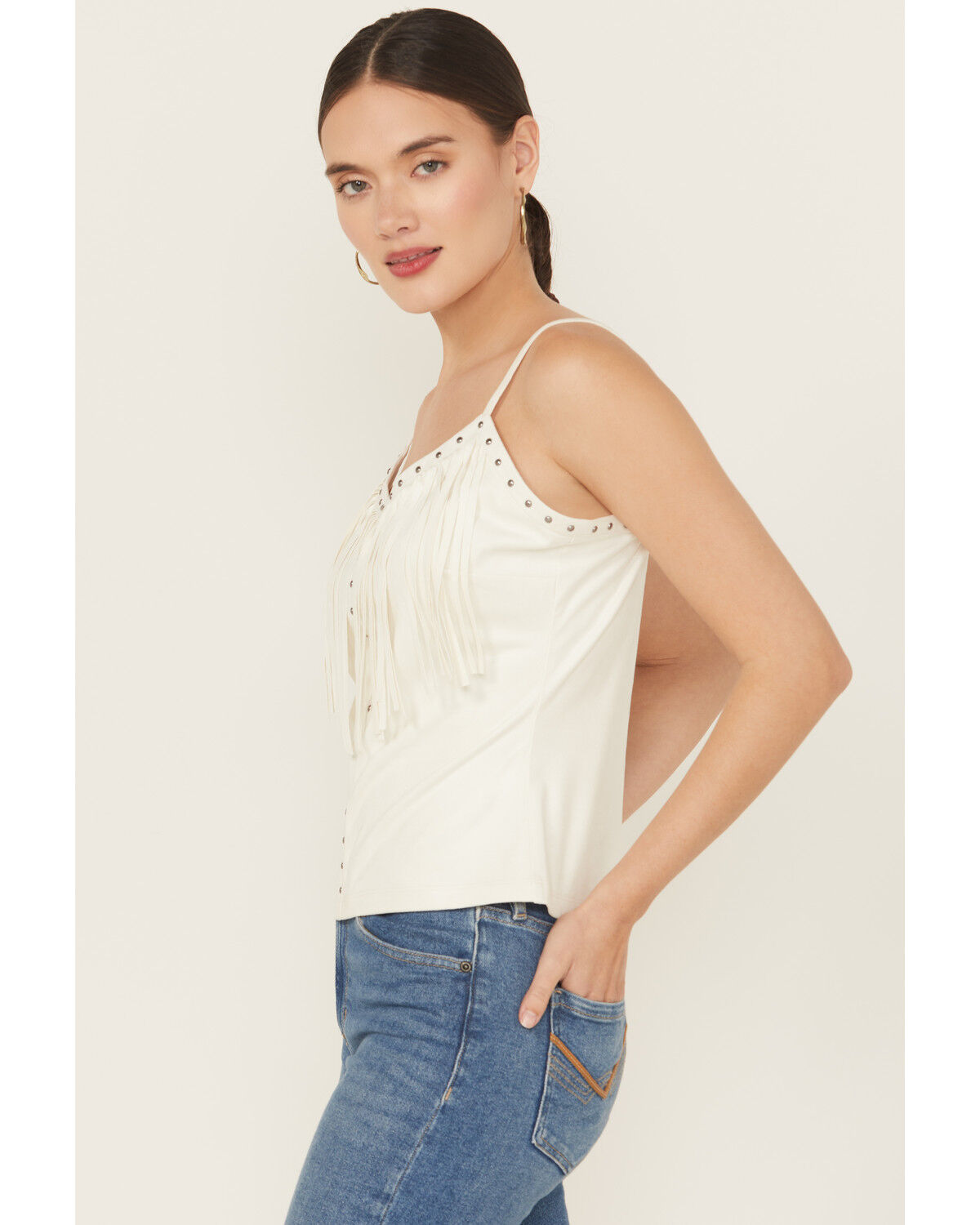 Image #3 - Idyllwind Women's Studded Fringe Faux Suede Tank Top, Ivory, hi-res