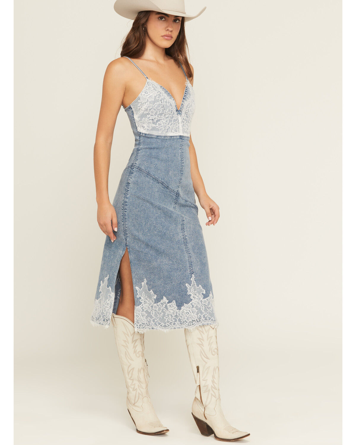 Product Name:  Blue B Women's Light Wash Lace Sleeveless Denim Midi Dress