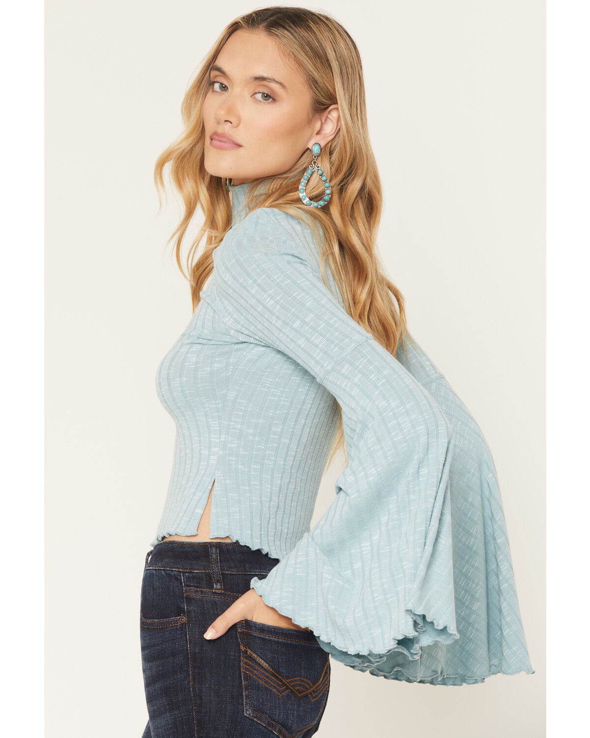 Image #2 - Shyanne Women's Solid Long Bell Sleeve Shirt, Aqua, hi-res