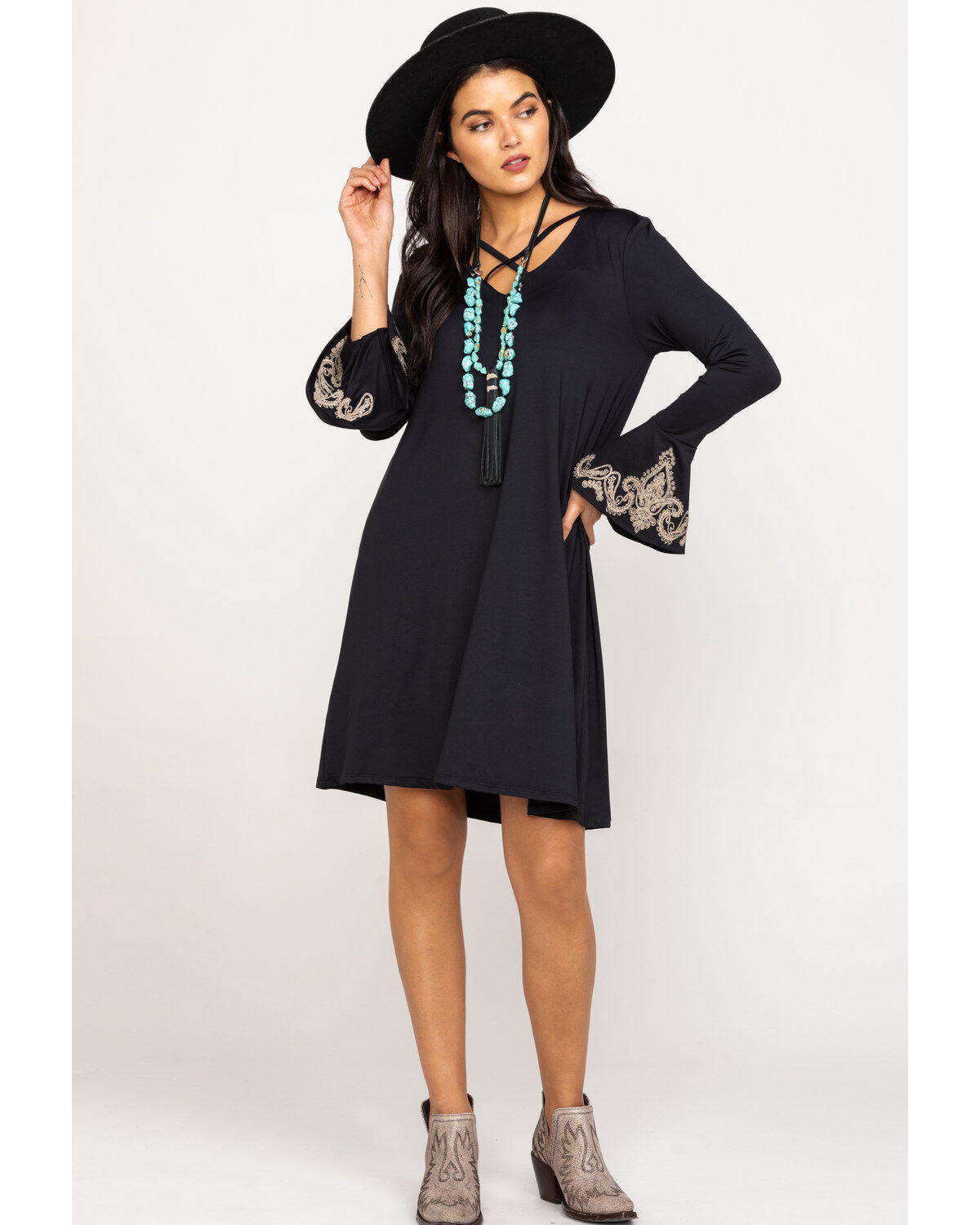 embroidered bell sleeve dress
